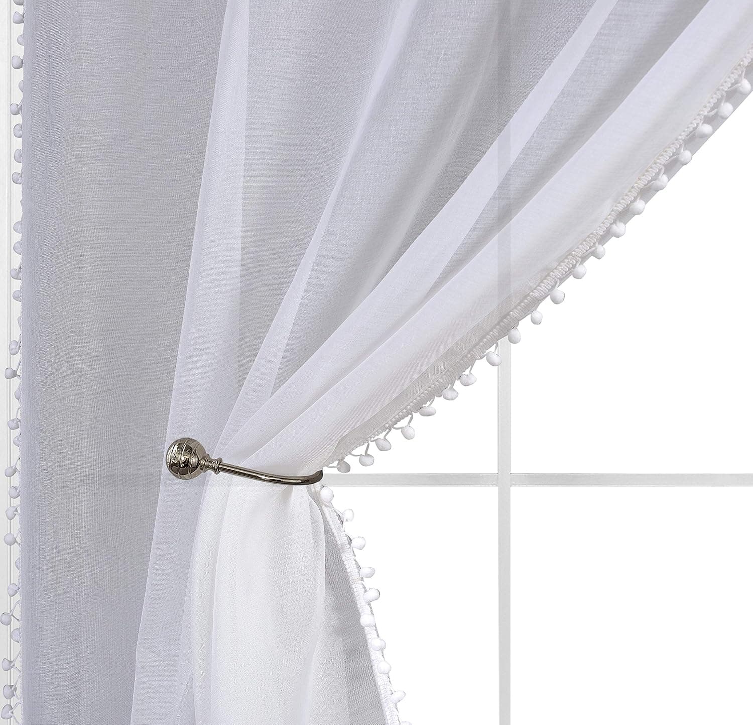 EliteHomeProducts EHP 2 Piece Linen Look Pom Pom Tasseled Semi-Sheer Curtains, Rod Pocket Panel Pair,Great for Living Rooms, Bedrooms & More (White, 52" X 84")
