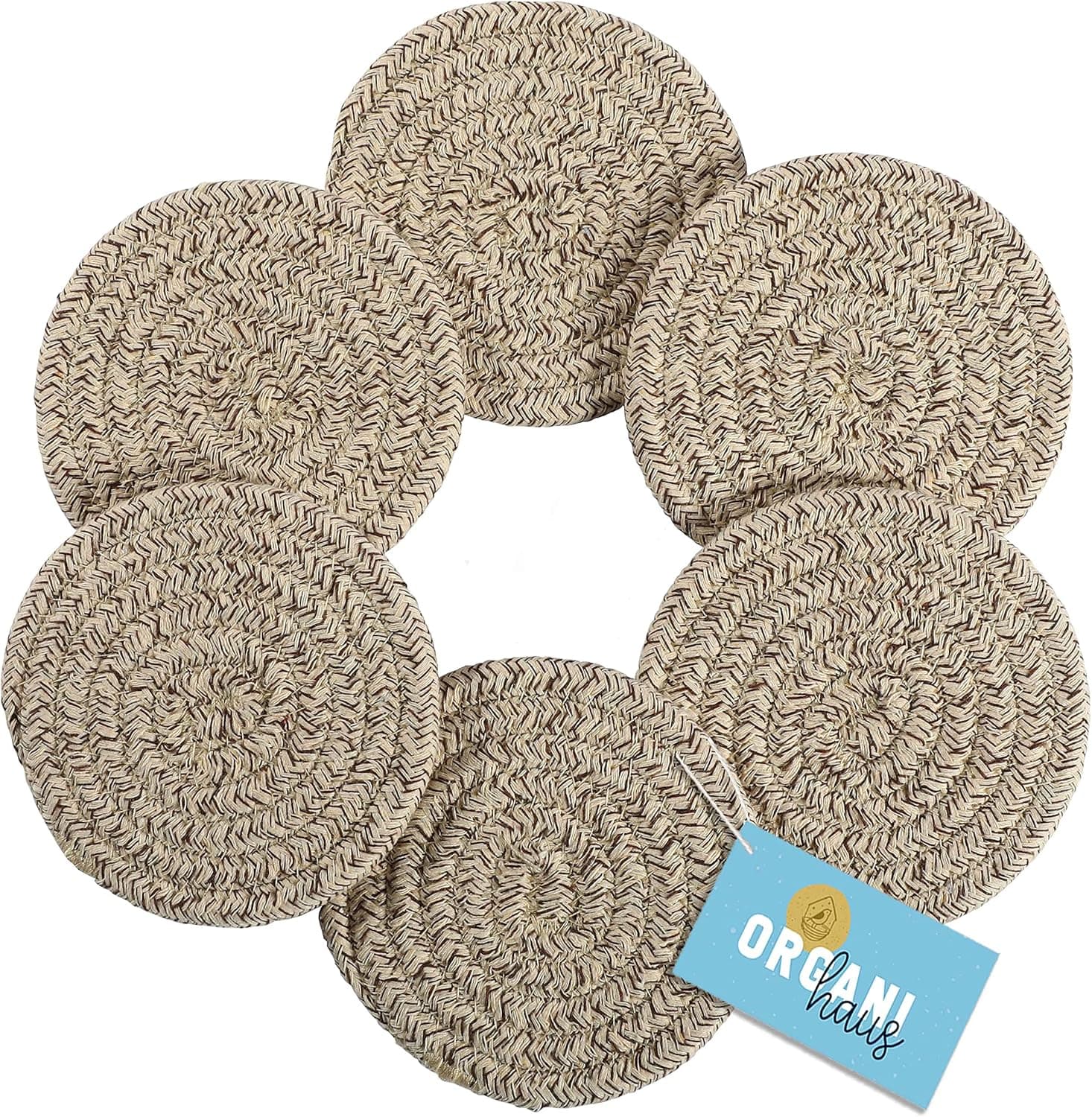 OrganiHaus Set of 6 Brown Cute Coasters for Drinks | Absorbent Coasters | Farmhouse Coasters for Coffee Table | Desk Cup Coasters | Rustic Aesthetic Boho Coasters | Moisture Absorbing Woven Coasters