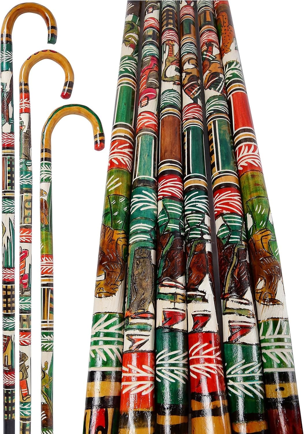 Beautiful Hand Carved Walking Cane, Mexican Mayan, Aztec Hand Painted Designs Made in Mexico