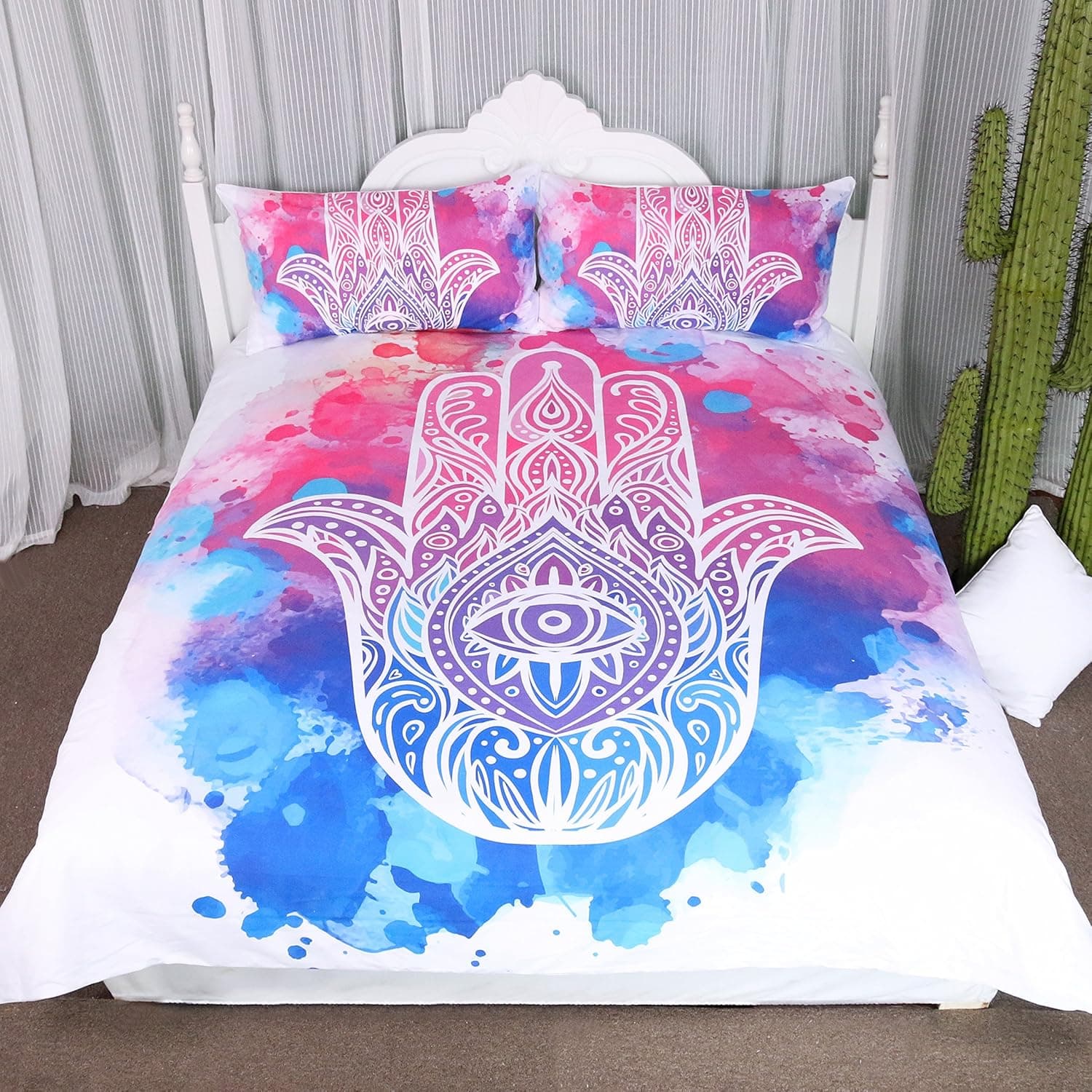 ARIGHTEX Girly Watercolor Hamsa Hand of Fatima Duvet Cover 3 Piece Hippie Bohemian Bedding Good Luck Psychedelic Bedspread (Queen)