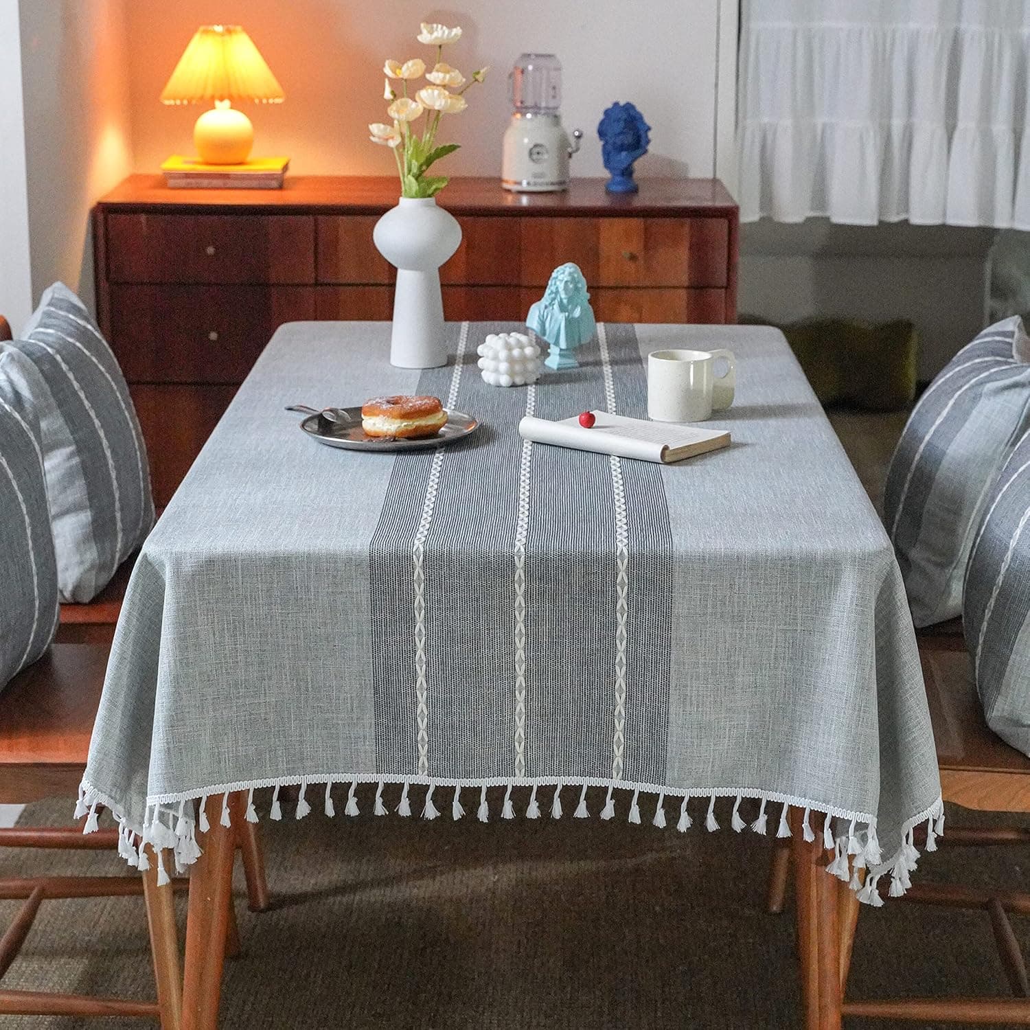 Oubonun Rustic Tablecloth Cotton Linen Cloth Tablecloths Burlap Table Cloths for Kitchen Dining Cloth Table Cloth for Rectangle Tables Grey Plaids Rectangle Grey Stripe 55"x70"