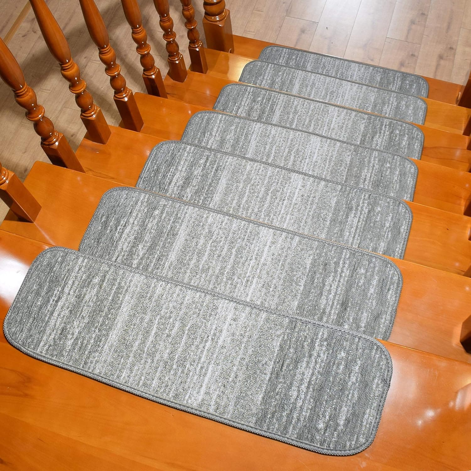 AMIDA Carpet Stair Treads Non-Slip Indoor Rubber Backing Washable Set of 14 - Contemporary Abstract Stripe Grey - Tape Free - Dog Friendly - Flat Weave - Easy Care - Stair Rug Treads 14 Pack 9"X29"