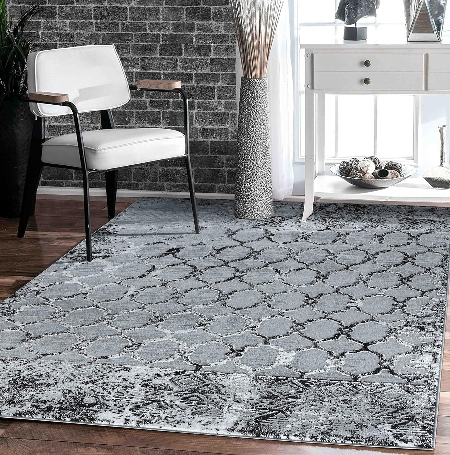 GLORY RUGS Modern Abstract Trellis Rug 2x3 Door Mat Grey Black for Home Office Bedroom and Living Room