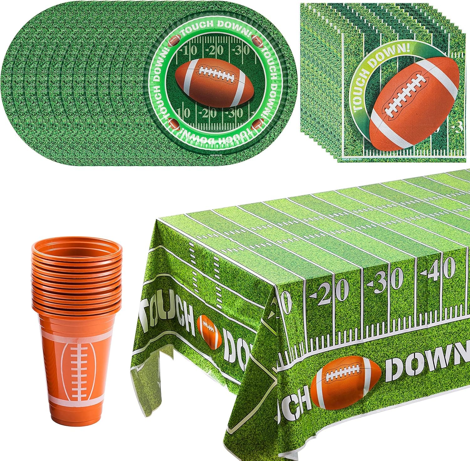 JOYIN Football Game Day Party Supplies Pack-18 Football Themed Cups, 18 Plates (9 inches), 36 Napkins and 2 Tablecloths Football Party Decorations