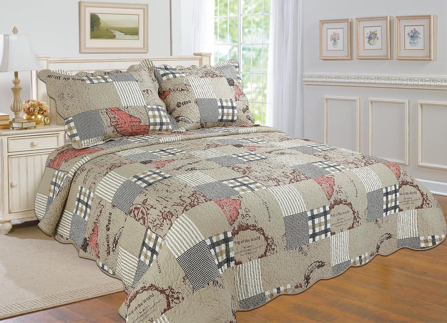 ALL FOR YOU 3-Piece Reversible Bedspread/Coverlet/Quilt Set-Beige, Brown, red, and Black (King)