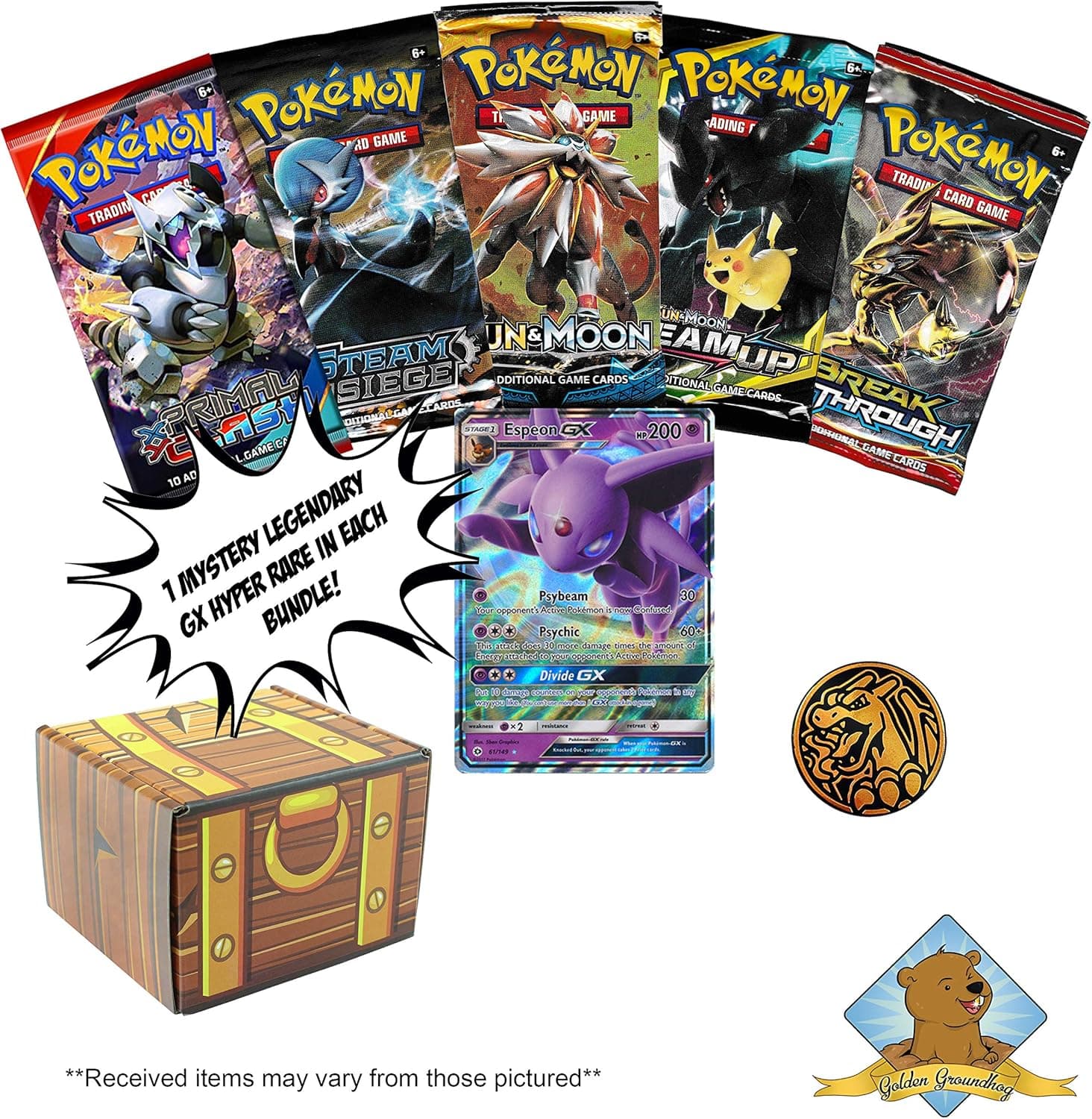 5 Assorted Pokemon Booster Packs, 1 Assorted GX Ultra Rare, and 1 Assorted Pokemon Coin Includes Golden Groundhog Storage Treasure Chest Box