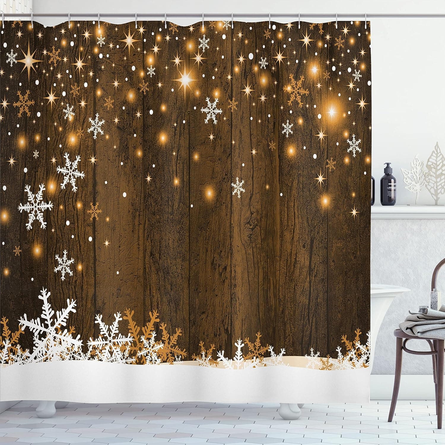 Ambesonne Christmas Shower Curtain, Rustic Wooden Backdrop with Snowflakes and Warm Traditional Celebration Print, Cloth Fabric Bathroom Decor Set with Hooks, 69" W x 84" L, Brown White