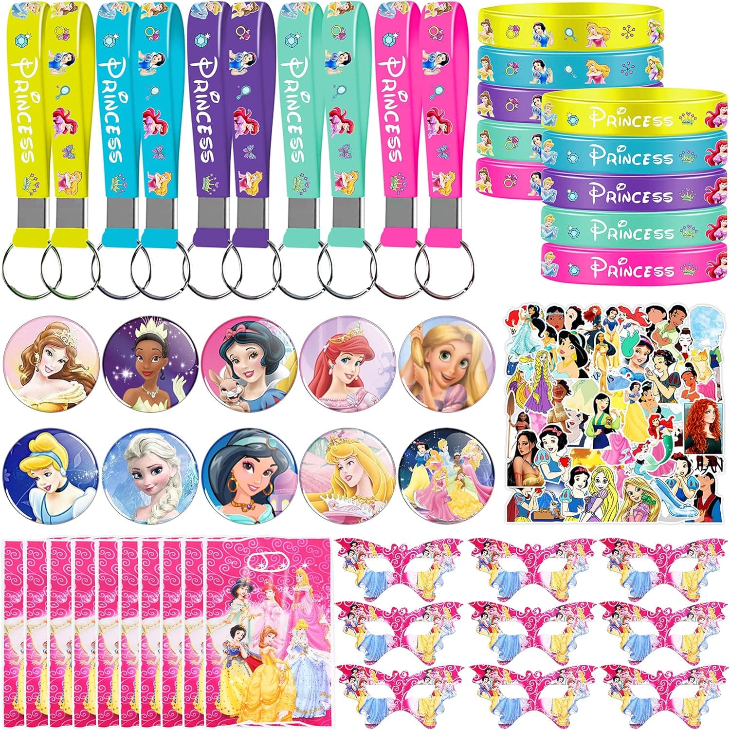 VAYNEIOJOY Princess Party Favors, Princess Birthday Party Supplies Kit Includes Bracelets Keychain Button Pins Bags Masks Stickers for Princess Party Decoration