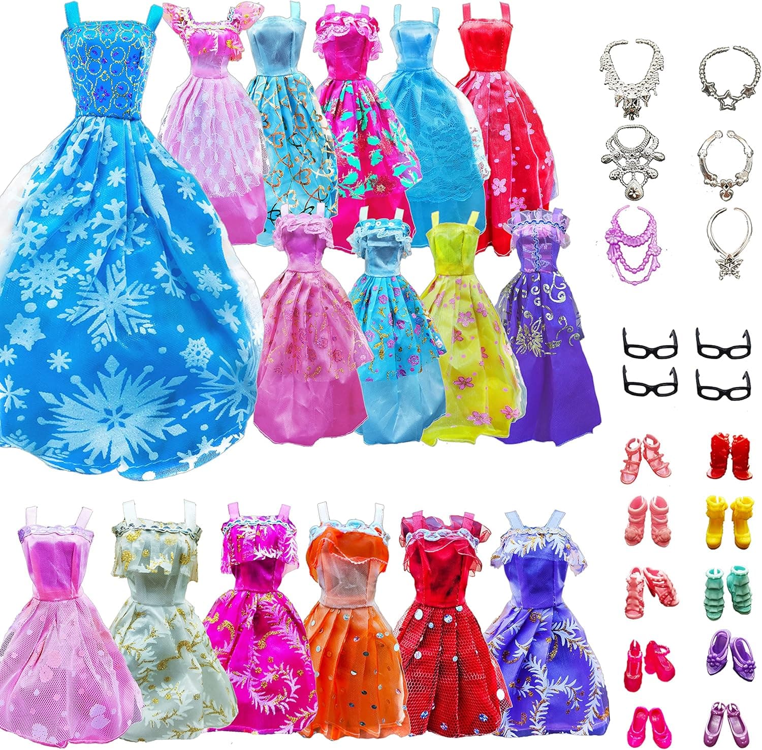 AMETUS 30 PCS Doll Clothes Accessories, 6 Gown Dresses, 4 Litte Dresses, 10 Shoes, 4 Glasses, 6 Necklaces, for 11.5 inch Dolls, Birthday Girl Gift