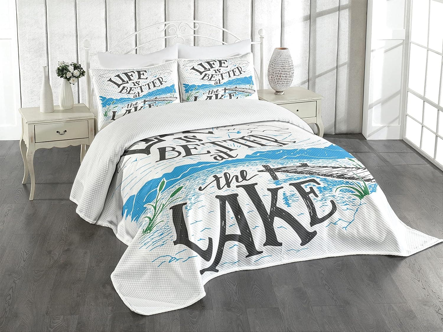 Lunarable Cabin Bedspread, Life is Better at The Lake Wooden Pier Plants Mountains Sketch Art, Decorative Quilted 3 Piece Coverlet Set with 2 Pillow Shams, King Size, Charcoal Grey