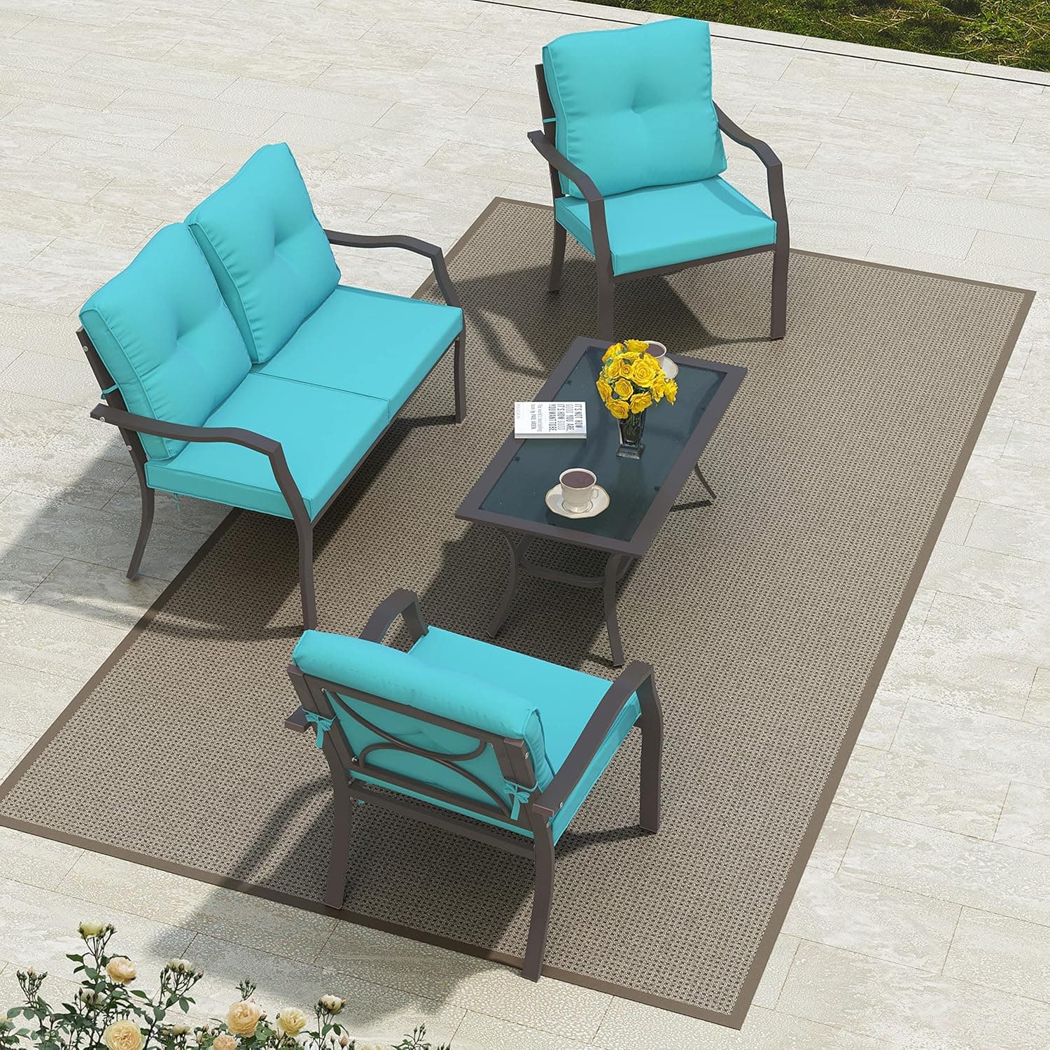 Gotland Outdoor Metal Patio Furniture Sets 4 Pieces Patio Sectional Porch Sofa Chairs Set Garden Loveseat Steel Frame Outdoor Couch Backyard Conversation Set w/Coffee Table & Blue Thickened Cushions