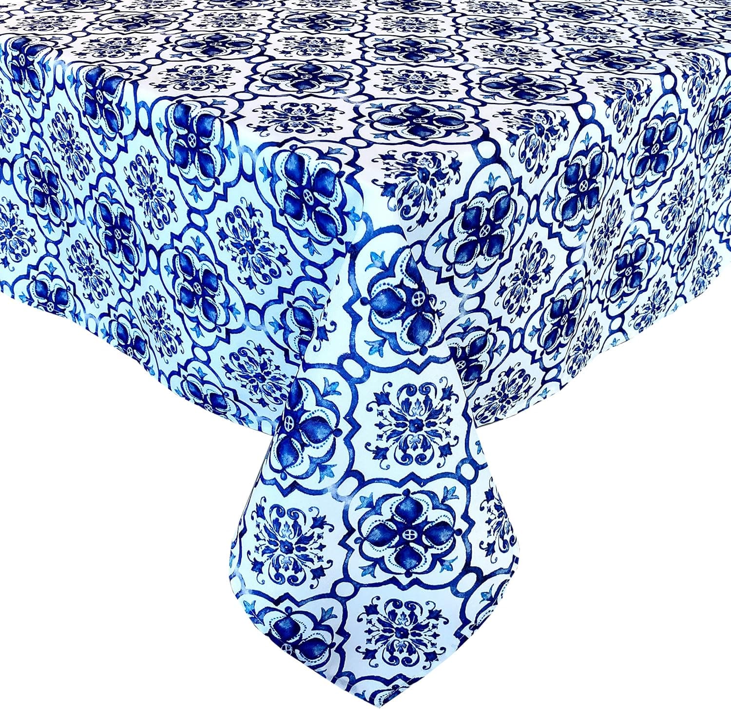 Newbridge Blue Amani Tile Print Indoor/Outdoor Fabric Tablecloth - Delft Blue Medallion Design Soil Resistant, Water Repellent Fabric Tablecloth, 60 Inch X 102 Inch Oblong/Rectangular