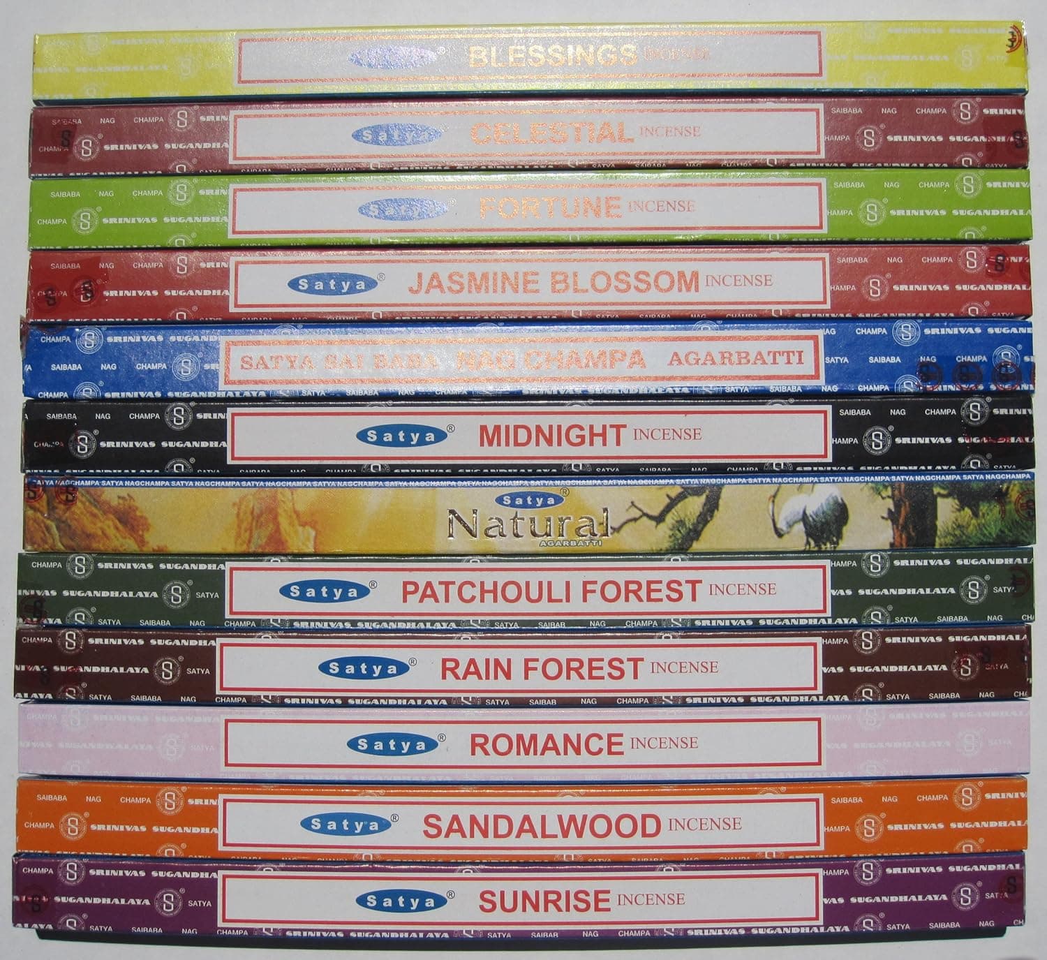 Set of 12 X 10 Gms. Boxes Incense Nag Champa Celestial Midnight Patchouli Sandalwood Sunrise Blessings Fortune Jasmine Rainforest Romance and Natural
