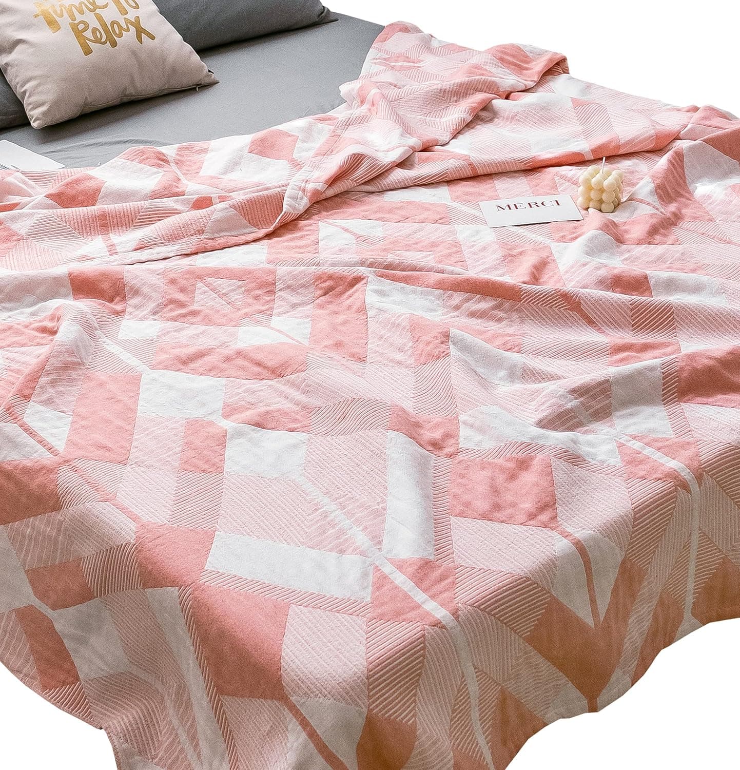 Scientific Sleep Modern Geometry 100% Cotton 3 Layer Muslin Blanket Throw Cover for Bed, Couch & Sofa, Cozy Soft Lightweight Summer Bedspread Coverlet (Geometry Pink, Twin 59" X 78")