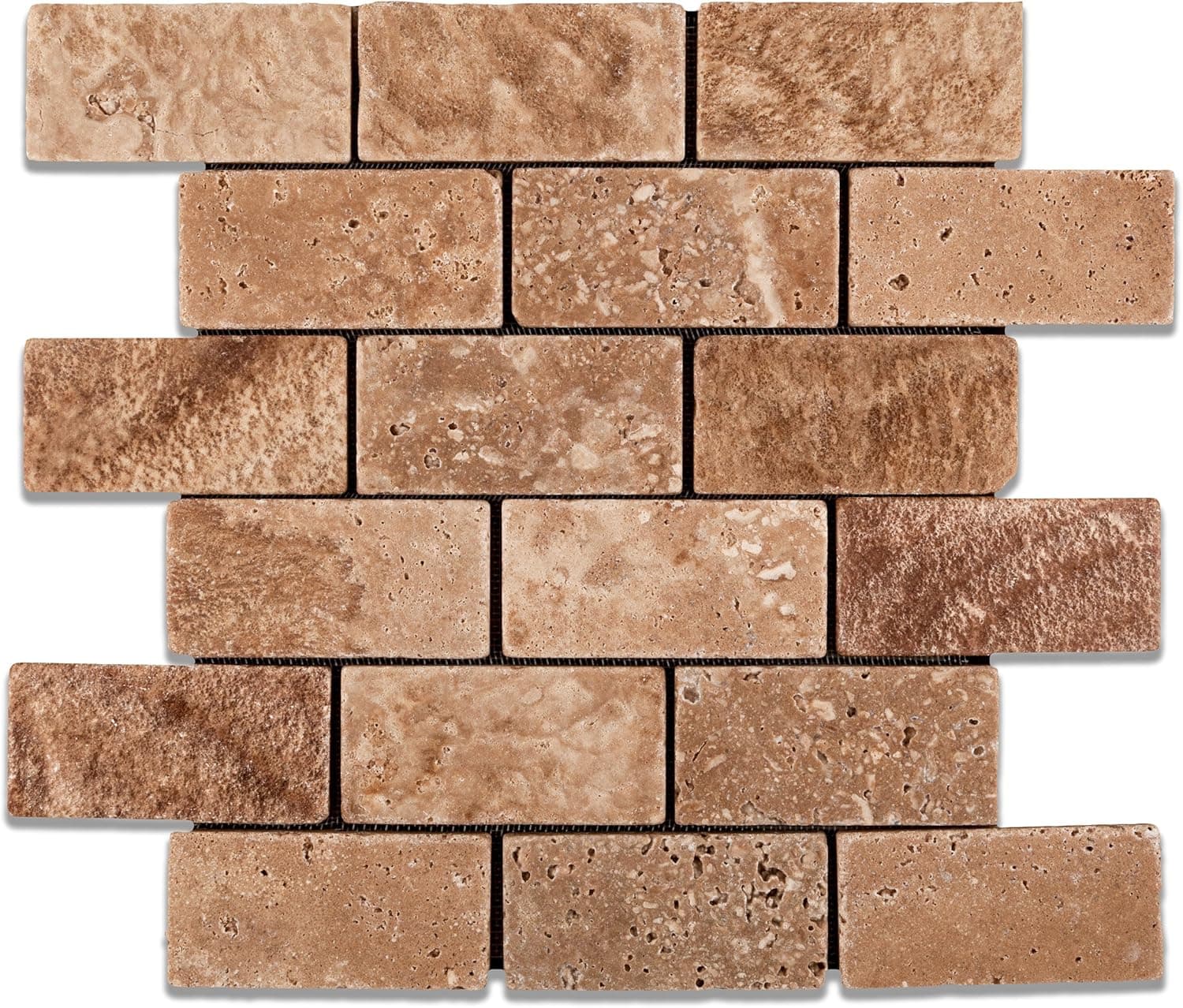 Andean Walnut Peruvian Travertine 2 X 4 Tumbled Brick Mosaic Tile - Box of 5 Sheets