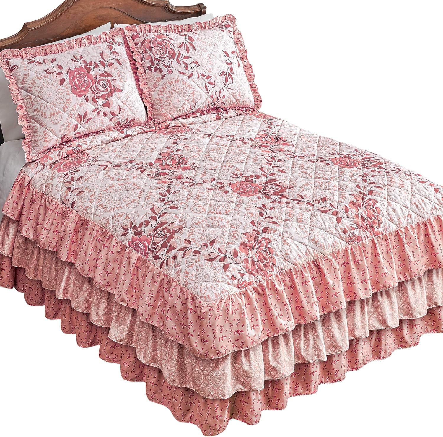 Collections Etc Lovely Rose Floral Trellis Ruffle Quilted Bedspread