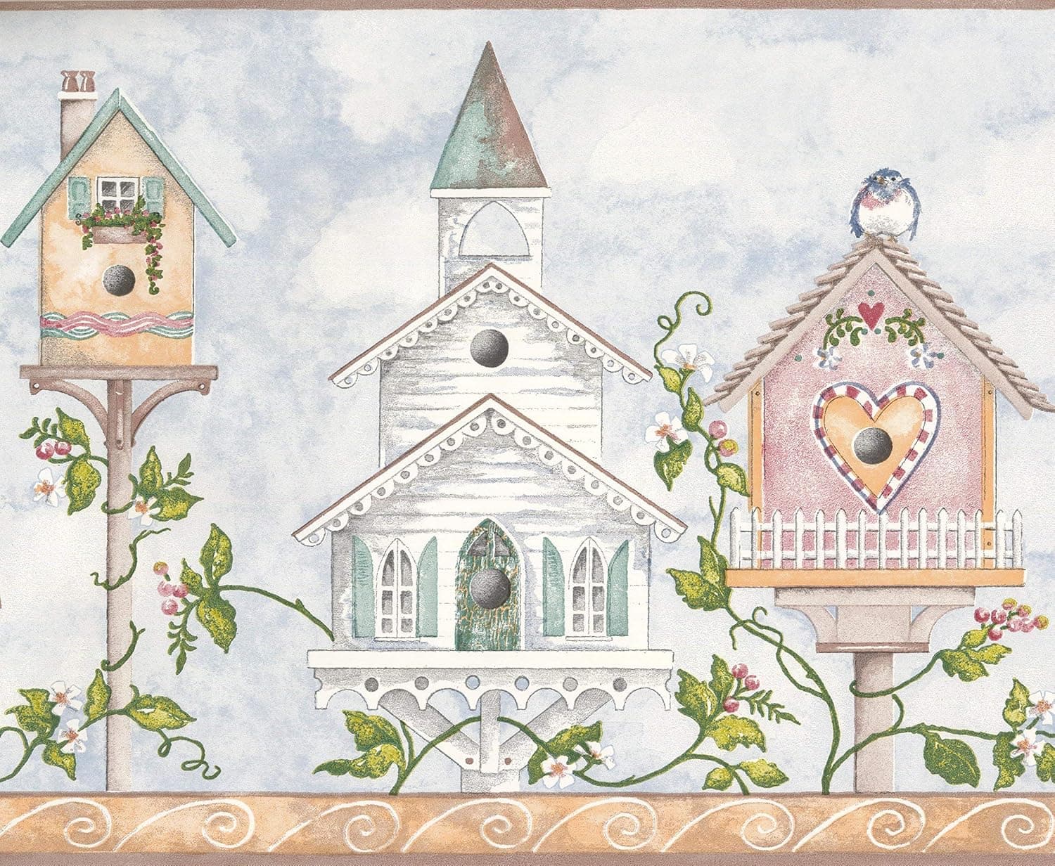 Colorful Birdhouses Flowers on Vine Blue White Wide Wallpaper Border Retro Design, Roll 15' x 10.5''