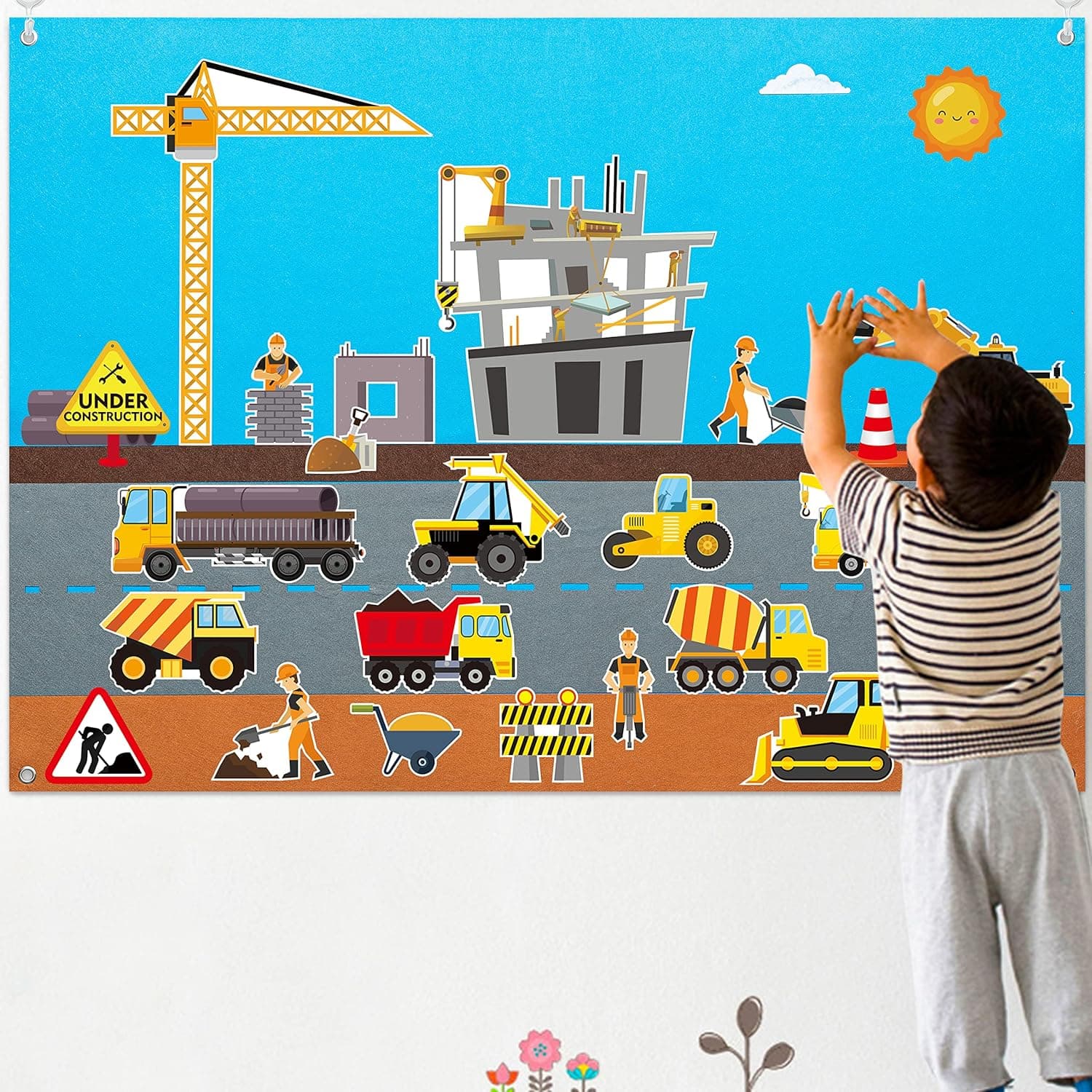 WATINC 33Pcs Construction Site Engineering Vehicles Felt Story Board Truck Excavator Tractor Crane Building Storytelling Playboard Early Learning Interactive Play Kit for Toddlers Kids 30 x 41 Inch