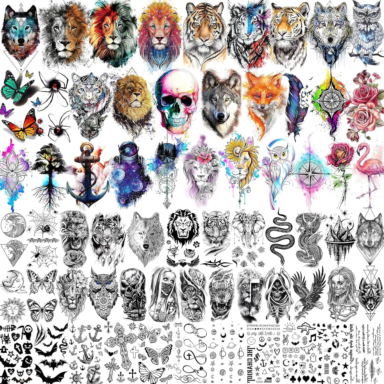 JOEHAPY 66 Sheets 3D Watercolor Animals Owl Lion Temporary Tattoos For Women Men Adults, Black Wolf Tiger Tattoo Sticker Kids Snake Eagle, Bulk Temp Realistic Fake Tattoos That Look Real And Last Long