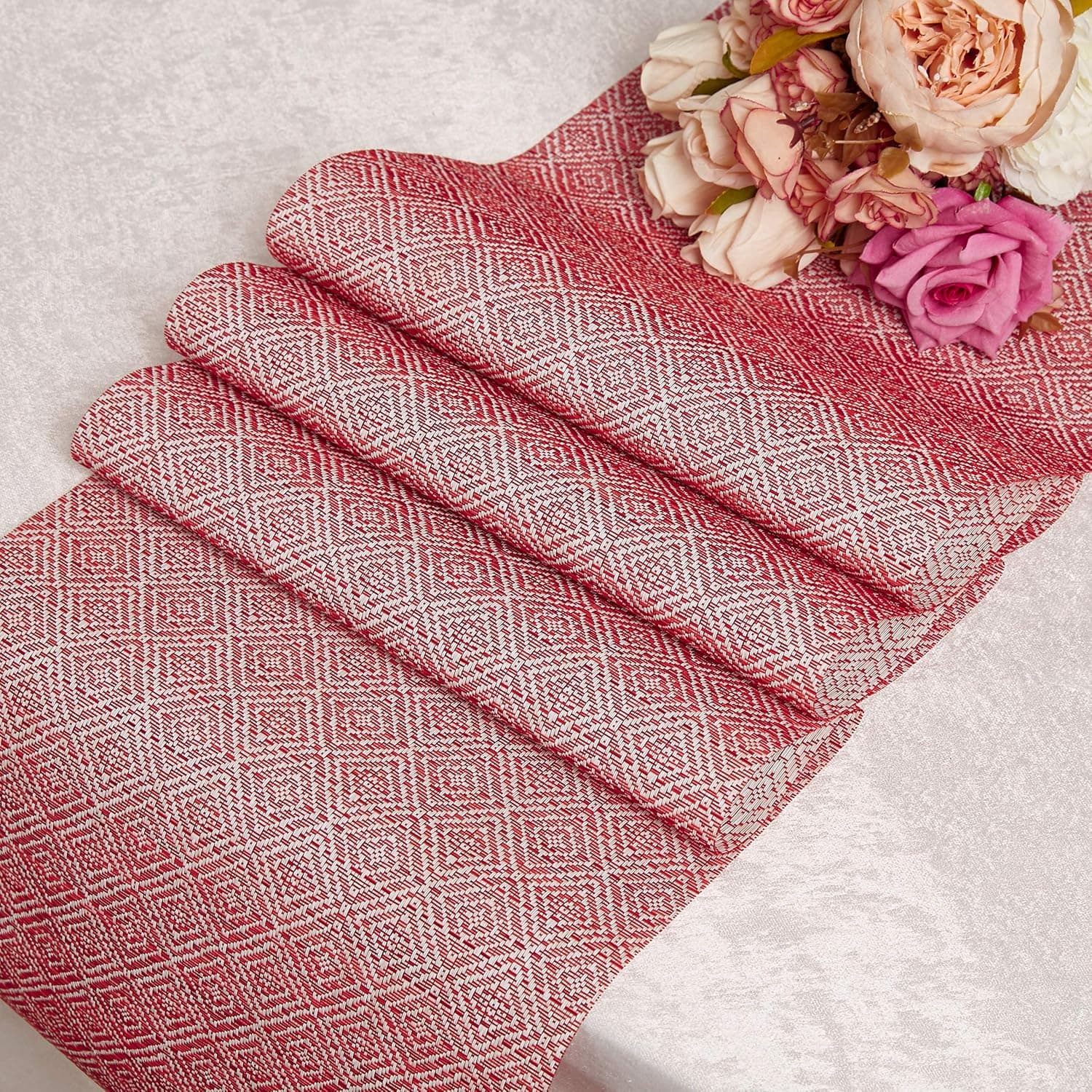 DOLOPL PVC Valentines Red Table Runners 12"×72" Easy to Clean Non-Slip Heat Resistant Farmhouse Modern Diamond Table Runner for Family Dinner Dining Office Kitchen Table