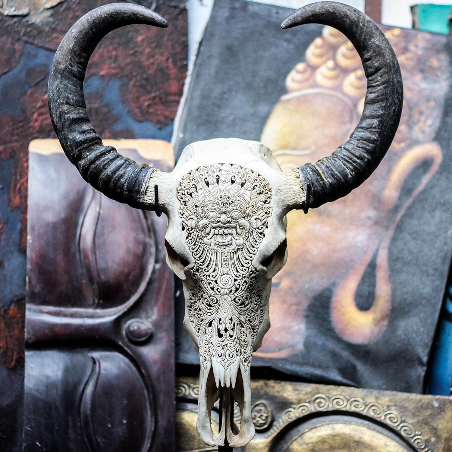 Skull Bliss 28 inch Authentic Buffalo Skull with Horns & Demon Carving