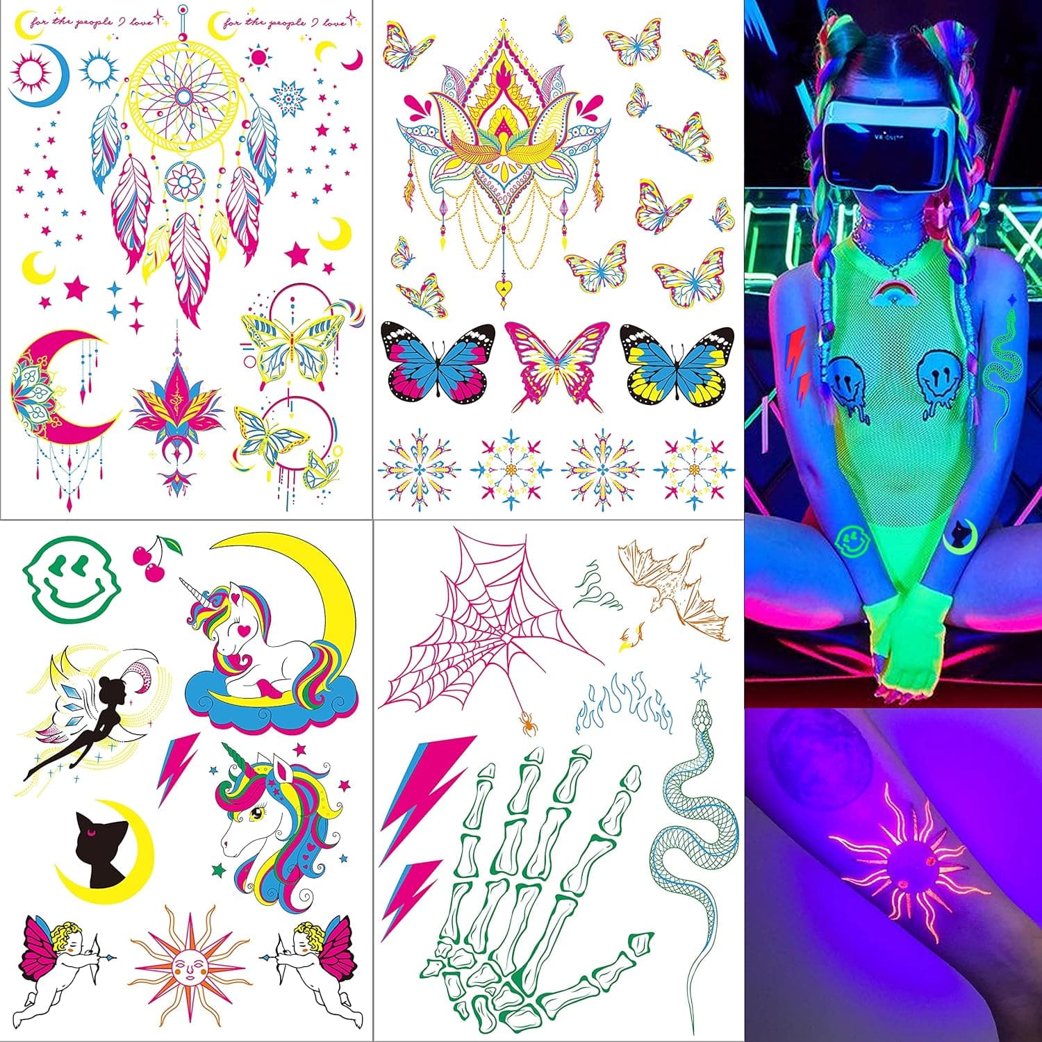 4 Sheet Neon Temporary Tattoo, UV Glow in the Dark Women Fake Tattoo Stickers, Festival Accessories for Rave Parties EDM EDC