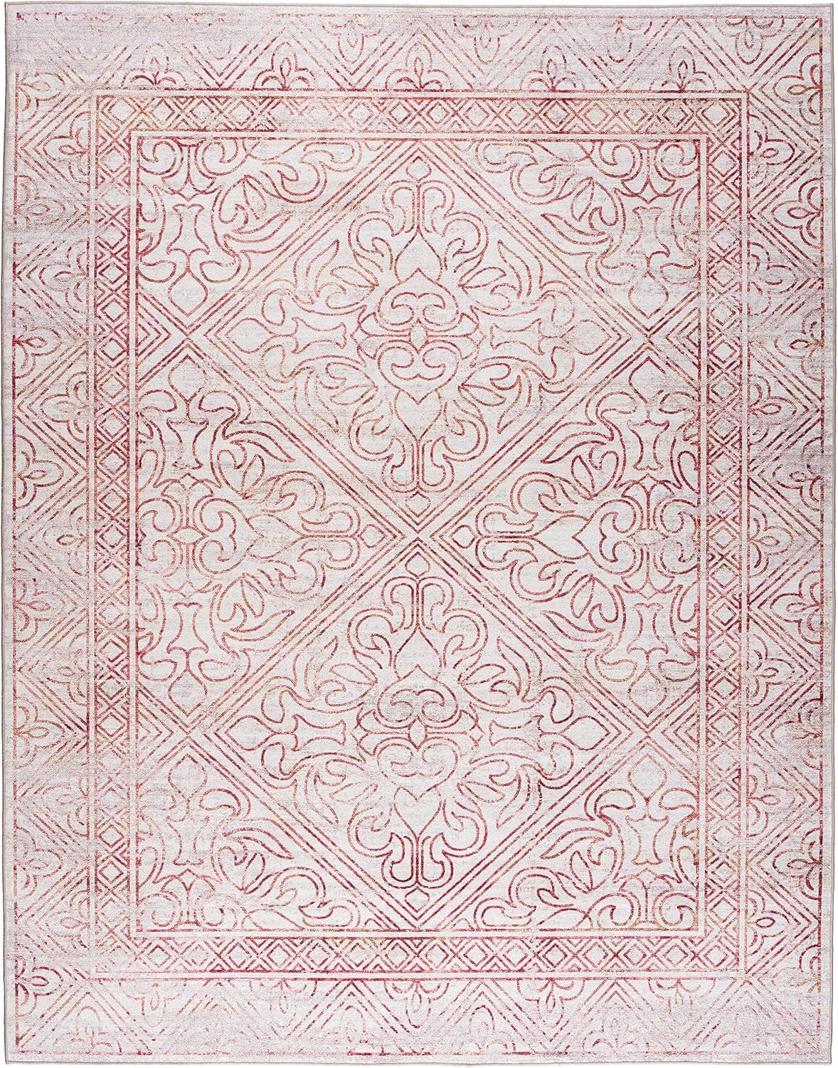 ReaLife Machine Washable Rug - Stain Resistant - Eco-Friendly, Non-Slip, Family & Pet Friendly - Made from Premium Recycled Fibers - Cora Distressed Vintage Border - Beige Clay, 7'6" x 9'6"