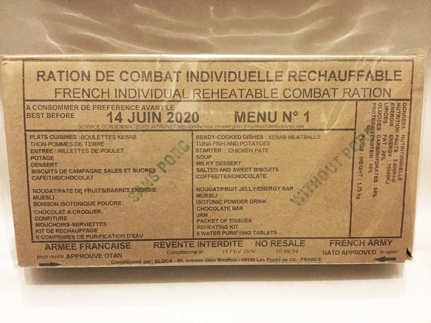 French Military Combat 24 hr Ration RCIR foreign MRE EPA FSR IRP IMP MCW