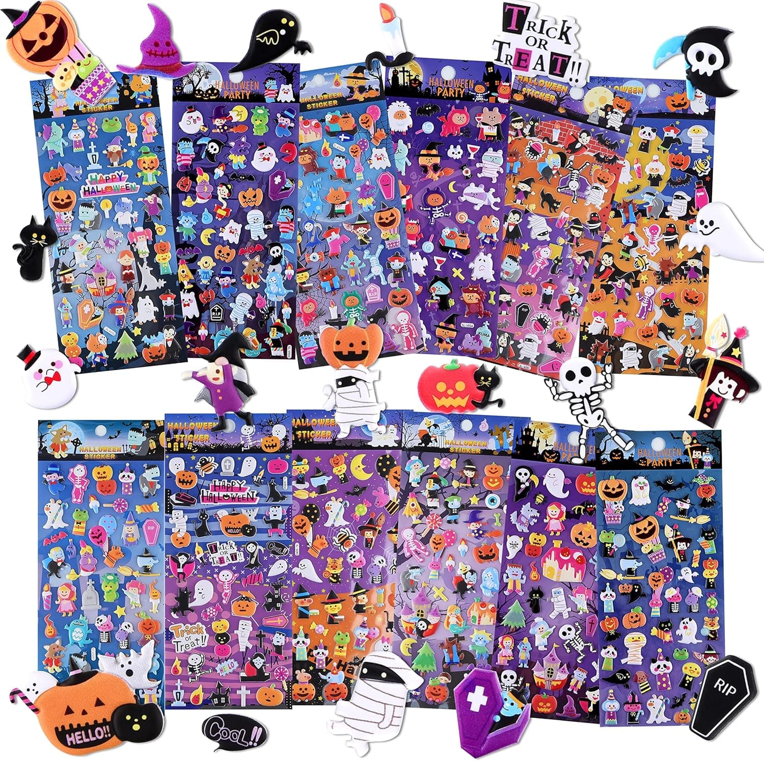 ASTARON Halloween Stickers 12 Sheets 3D Stickers for Kids, 400+ Puffy Halloween Stickers Witch Skull Pumpkin Ghost Stickers Decals for Halloween Decorations Halloween Party Favors