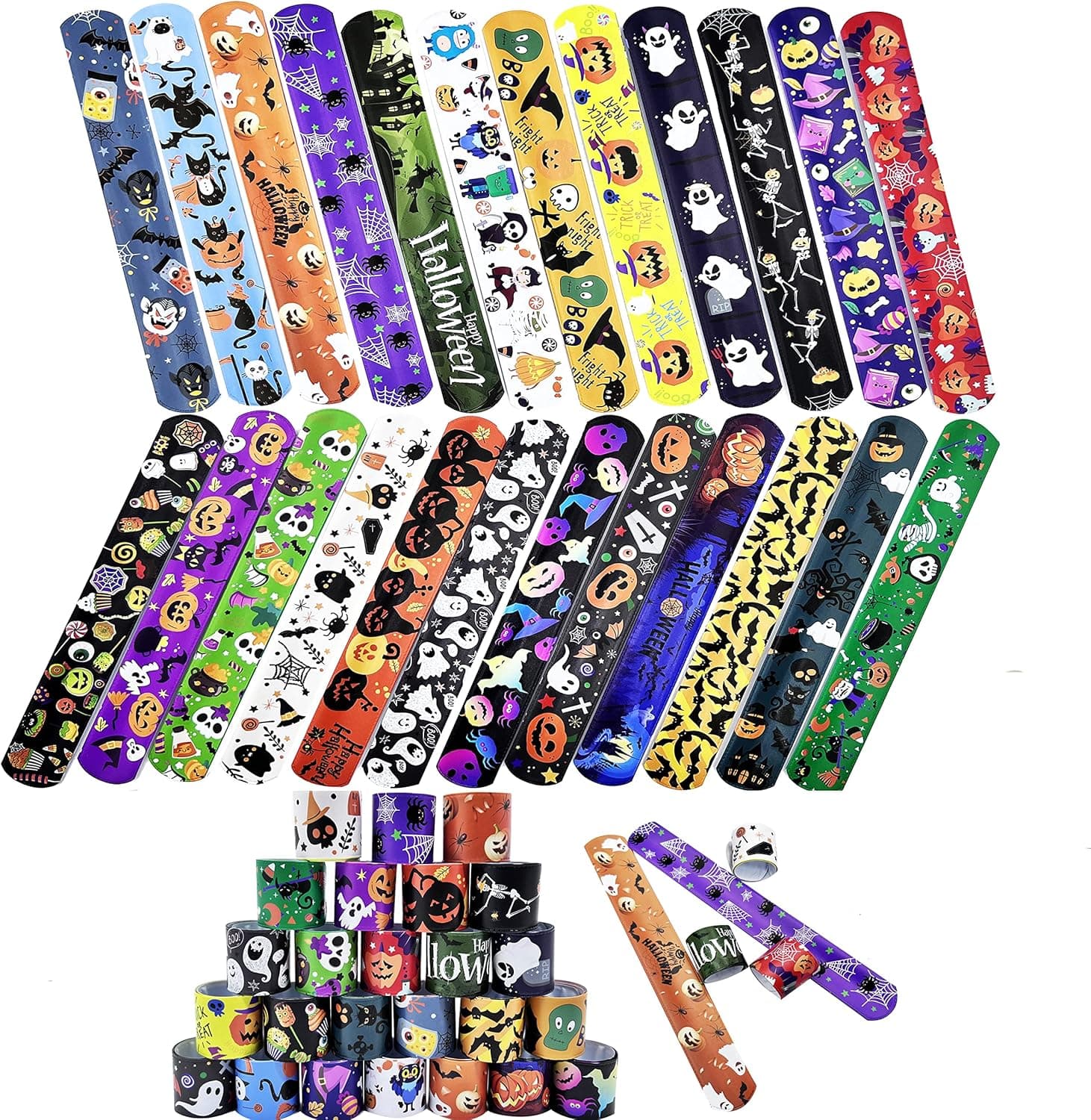 Dminya Pcs Halloween Slap Bracelets for Kids Halloween Slap Bracelets Bulk Snap Bracelet Party Supplies Favors Classroom Prizes Exchanging Gifts 8.7