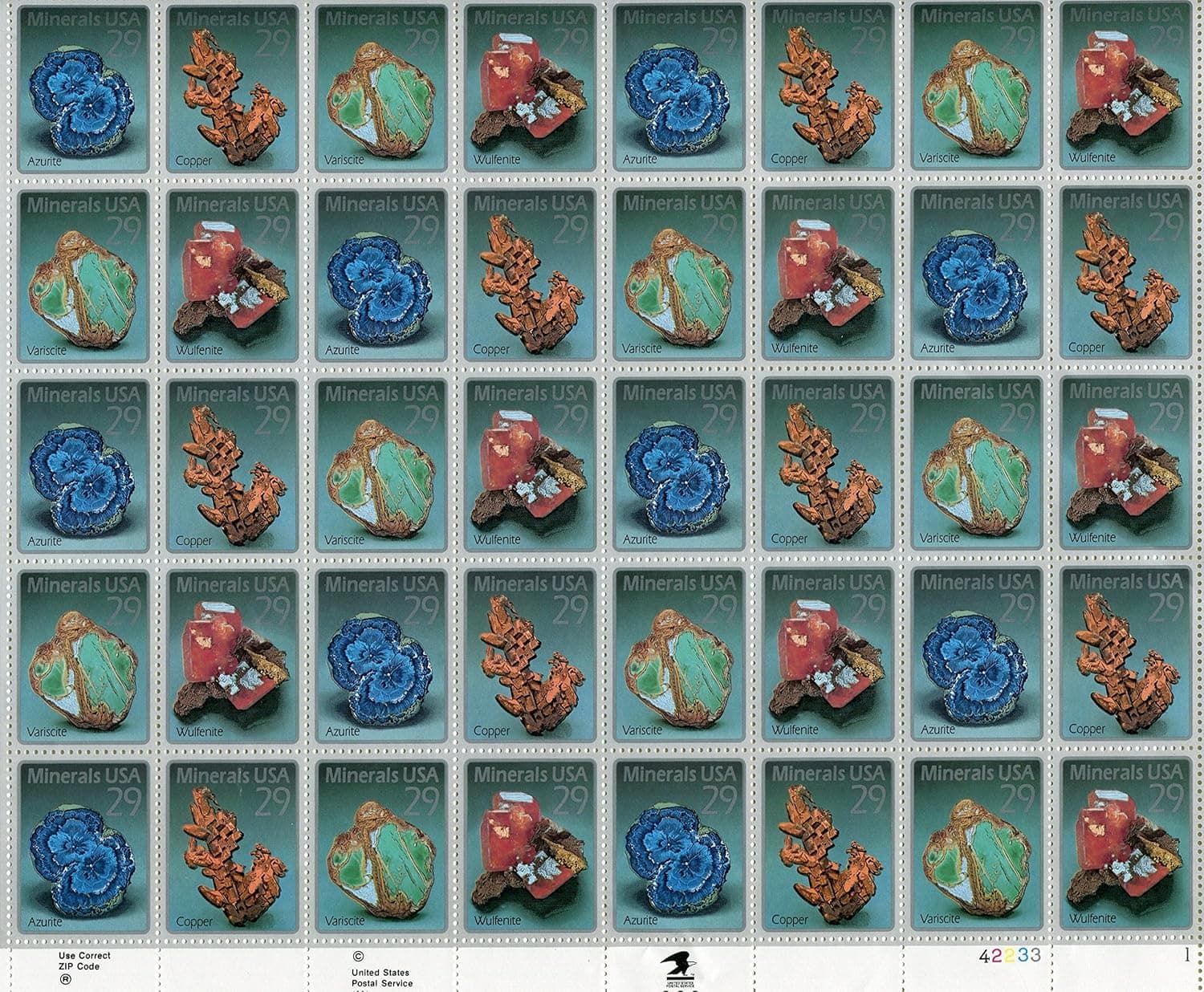 Minerals Full Sheet of 40 x 29 cent US Postage Stamp Scot #2700-03