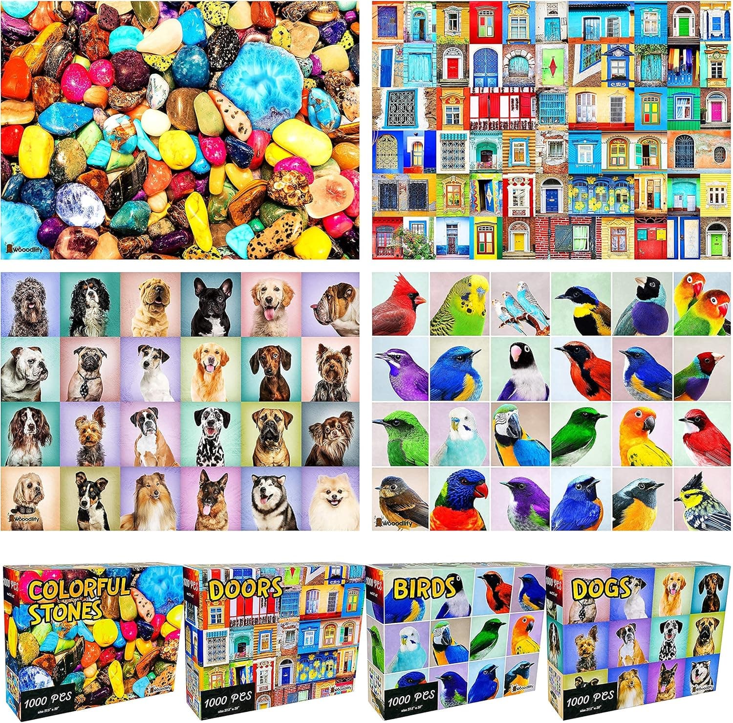 4-in-1 Pack, Premium 4 x 1000 Piece Jigsaw Puzzle Bundle – Jigsaw Puzzles 1000 Pieces for Adults – Stones, Birds, Dogs, Doors - Large Puzzles for Adults 1000 Piece – 4 Original Designs by Wooodlify