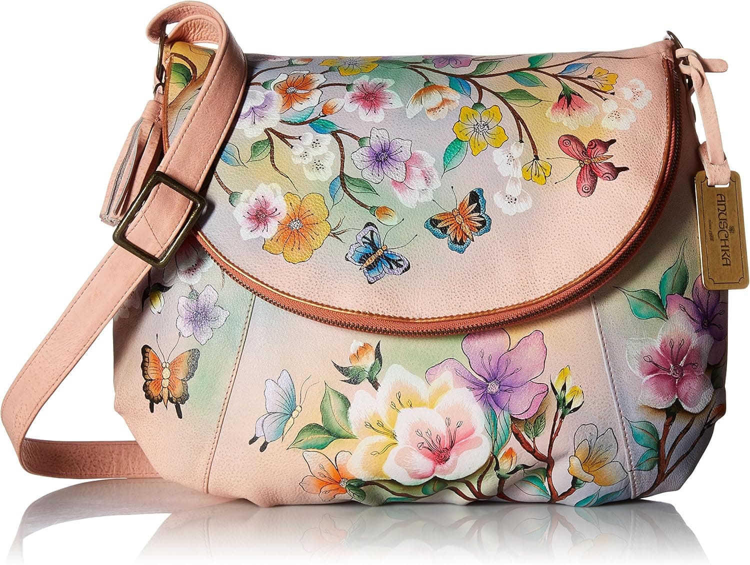 Anuschka Handpainted Leather Large Flap-Over Convertible,Japanese Garden