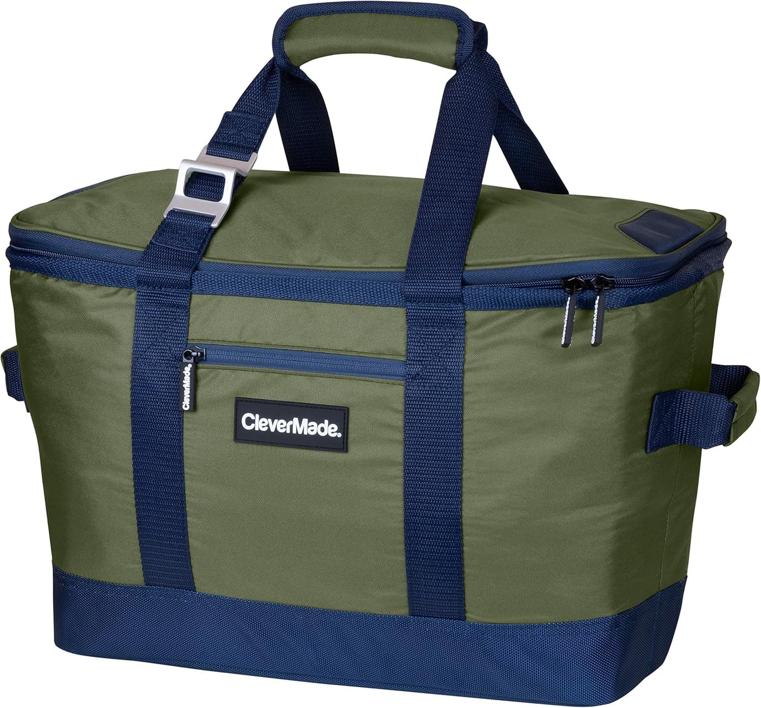 CleverMade Collapsible Cooler Bag: Insulated Leakproof 50 Can Soft Sided Portable Cooler Bag for Lunch, Grocery Shopping, Camping and Road Trips, Olive/Navy