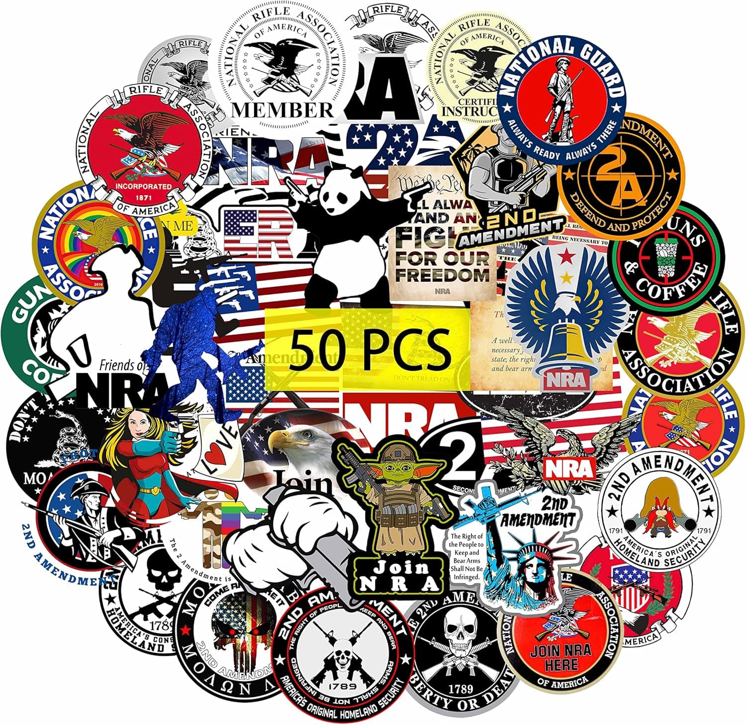 NRA Stickers（50Pcs，Large Size) Gun Stickers Decal Merch Gifts Party Supplies for Skateboard Guitar Phone for Kids Teens