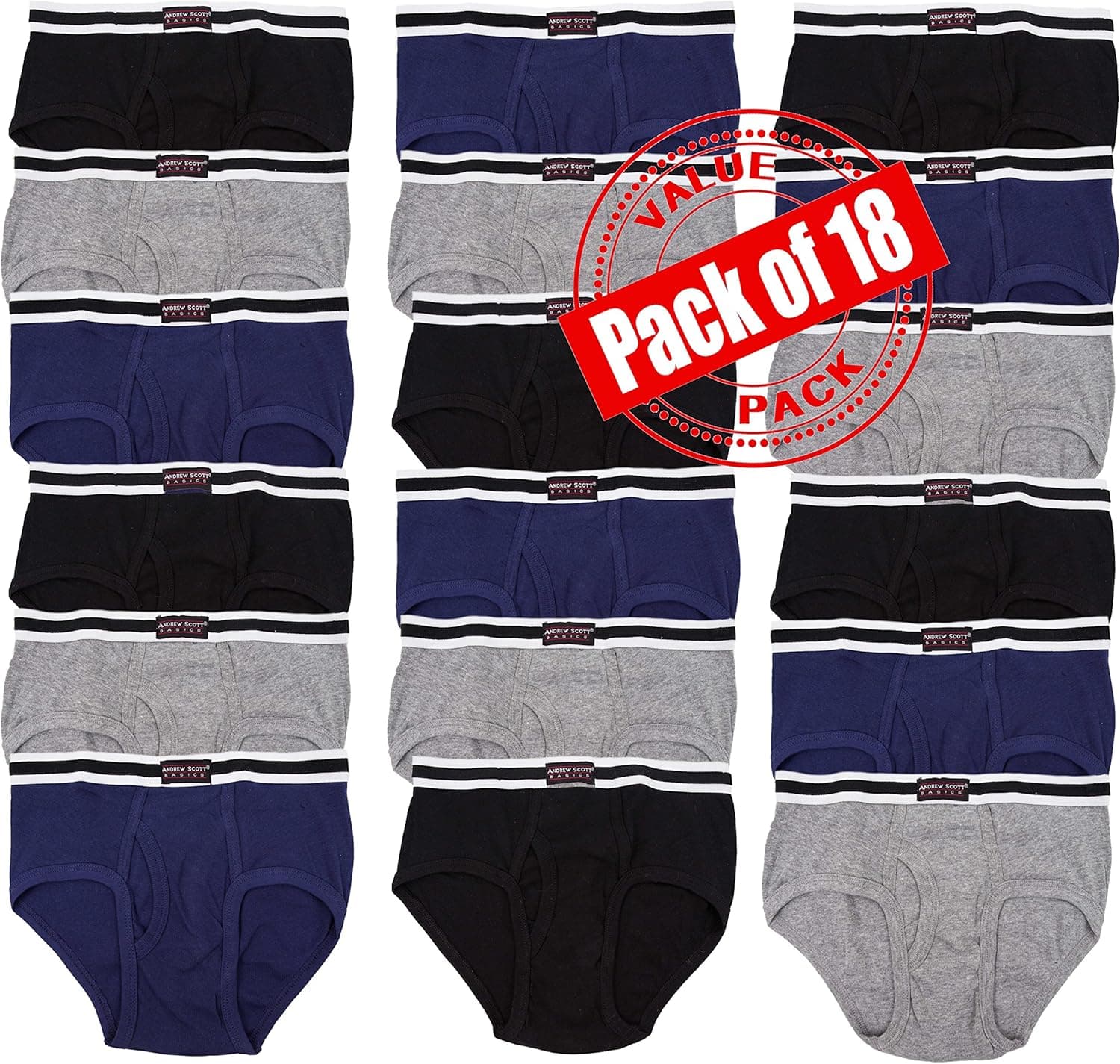 Andrew Scott Boys 18 Pack Briefs for Toddlers and Boys in Assorted Prints (Large / 14-16, 6 Black/ 6 Grey/ 6 Navy)
