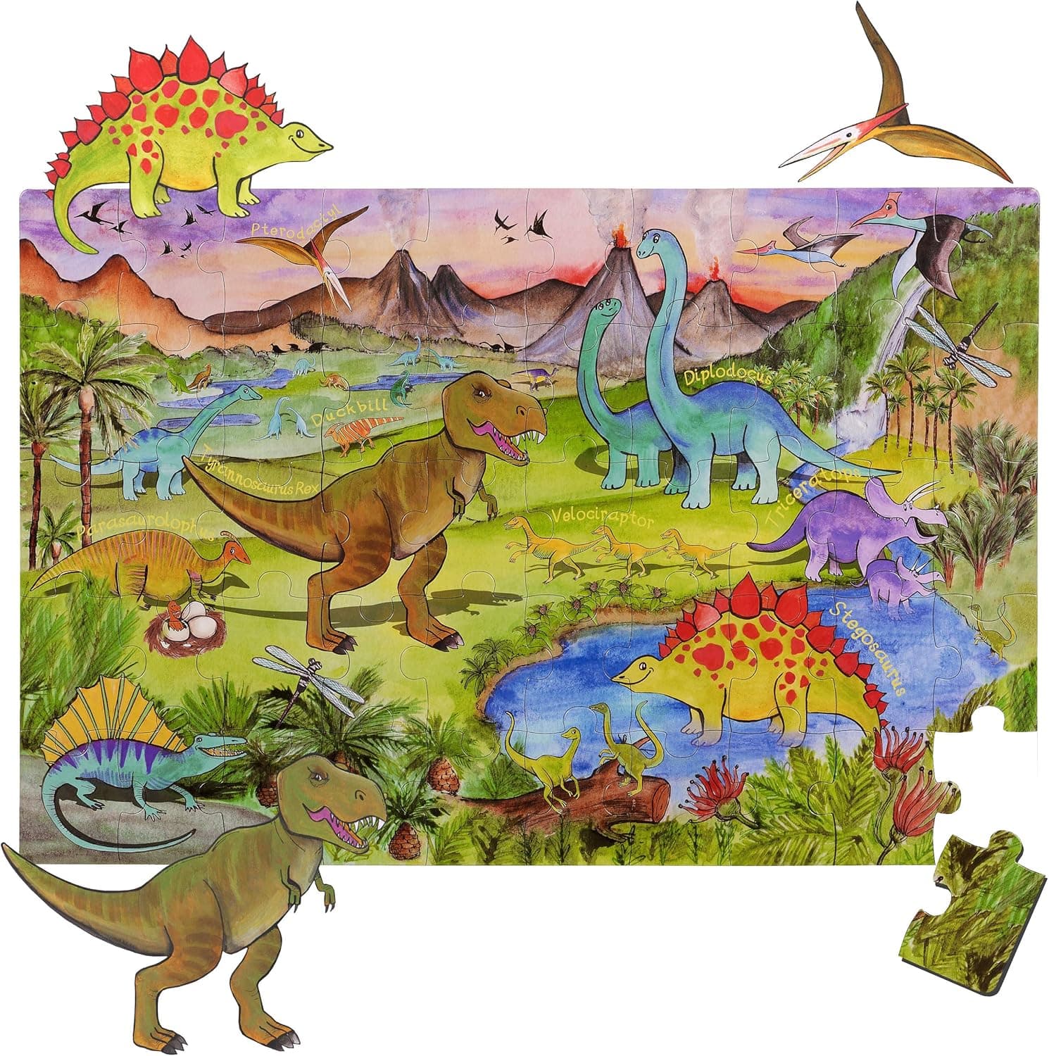 Amonev World Map Big Floor Puzzle with Thick Jigsaw Puzzle Pieces which can Also be Used on a Table are Great Floor Puzzles for Kids Ages 4-8 Years and Older (Dinosaur Puzzle)