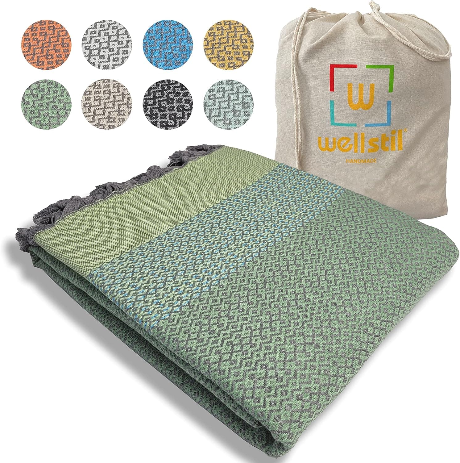 Wellstil Nerthus | Turkish Cotton Blanket • King Size Vintage Throw Blankets for Sofa, Couch, Farmhouse and Home Decor • Boho Woven Bedspread • Cozy Breathable Bed Blanket 80x100 inches (Green)