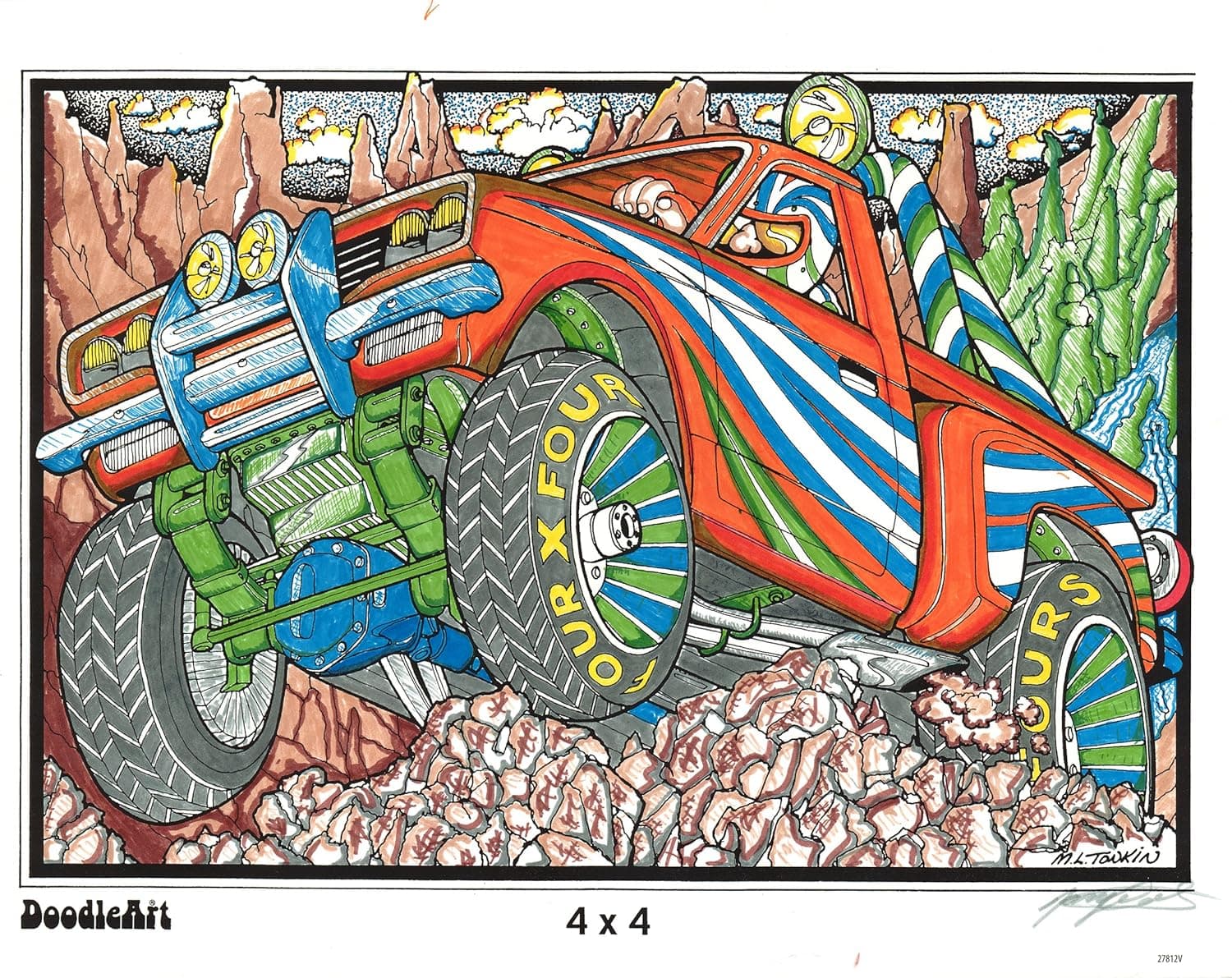 The Original DoodleArt by PlaSmart - Mini Kit 2, Adult Coloring, Four 11" x 14" Posters & Non- Toxic  Precision 12 Marker Set, Reduce Stress, Ages 8 and Up