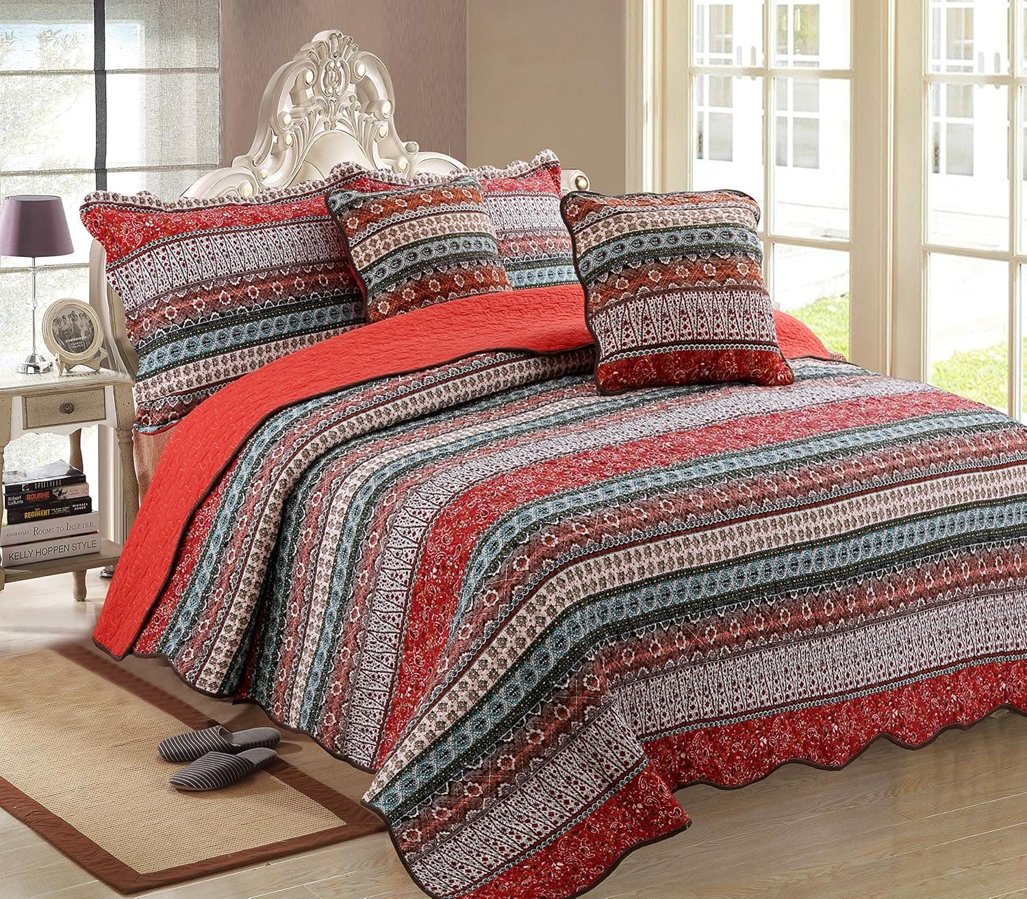 WINLIFE Bohemian Quilt Sets Queen - Boho Striped Cotton Bedspread Set Queen Size for All Season, Reversible Orange Coverlet Sets, 3pcs, Boho Orange