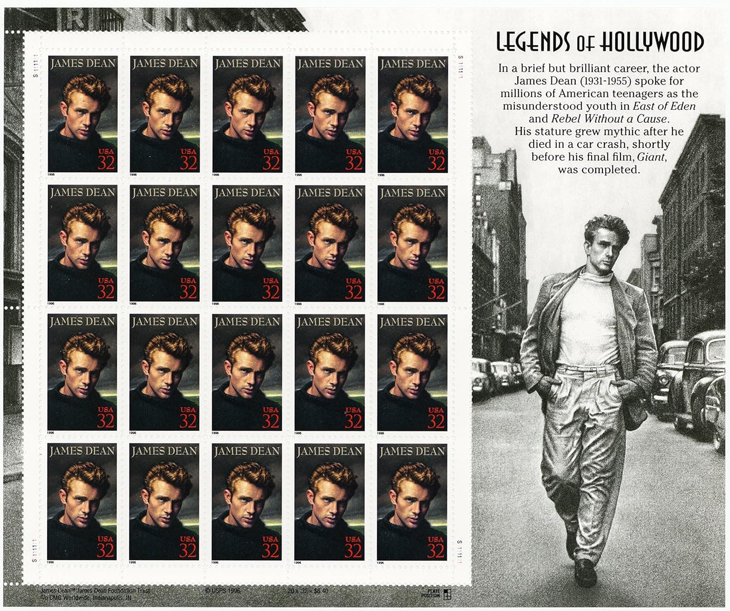 USPS James Dean Legends of Hollywood (Sheet of 20) 32 Cent Postage Stamps 1996 Scott #3082