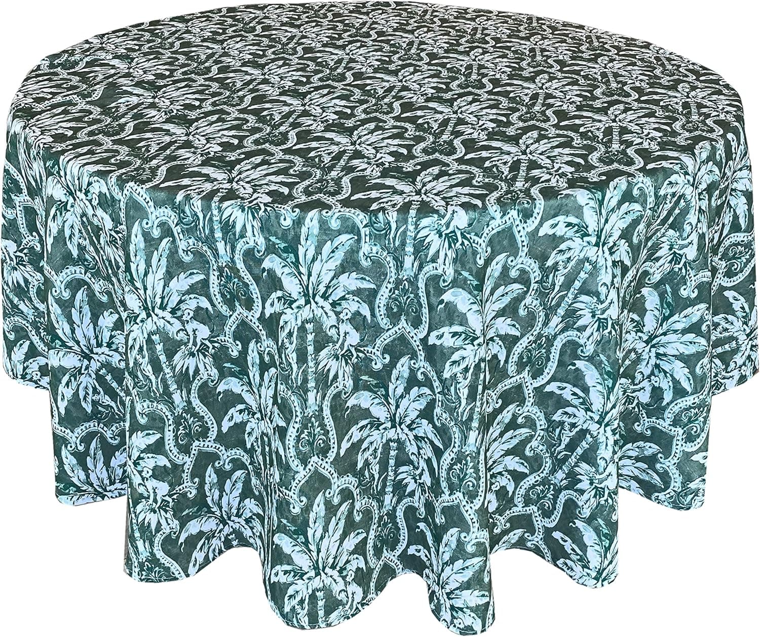 Newbridge Rafiki Hunter Green Tropical Toile Print Indoor/Outdoor Fabric Tablecloth - Shabby Chic Palm Tree Toile Print Stain Resistant Tablecloth, 70 Inch Round