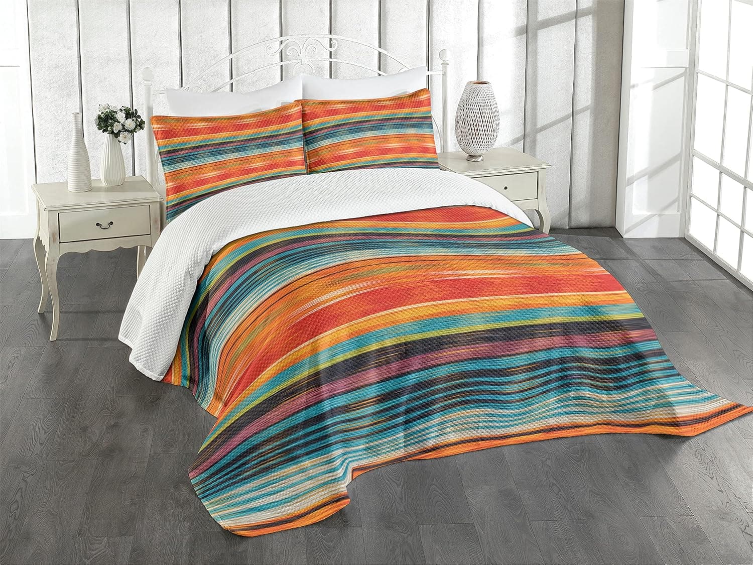 Lunarable Mexican Bedspread, Abstract Vibrant Vintage Aztec Motif Gradient Blurred Lines Ecuador Crafts Image, Decorative Quilted 3 Piece Coverlet Set with 2 Pillow Shams, King Size, Orange Purple