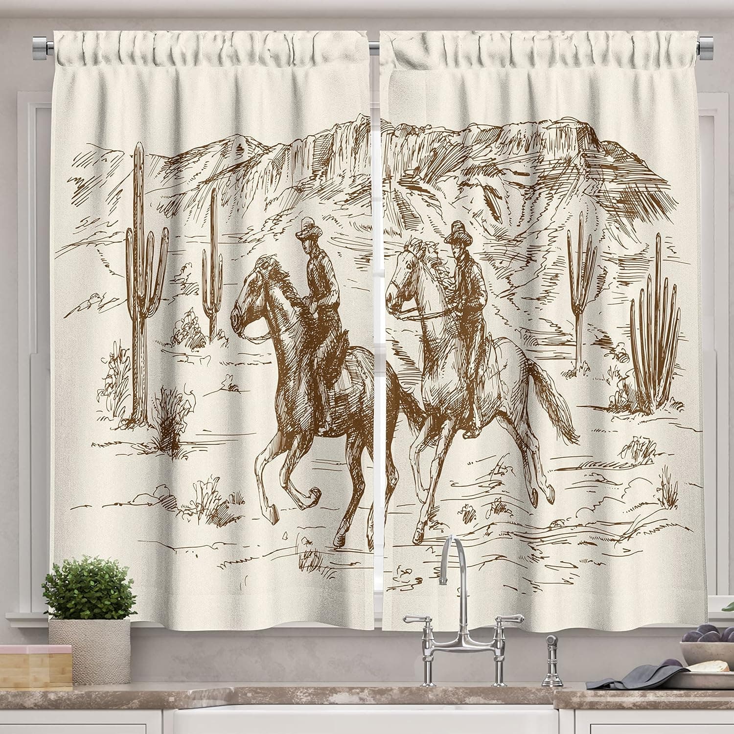 Ambesonne Western Kitchen Curtains, Country Theme Hand Drawn Illustration of American Wild West Desert with Cowboys, Window Drapes 2 Panel Set for Kitchen Cafe Decor, 55" X 39", Umber Cream