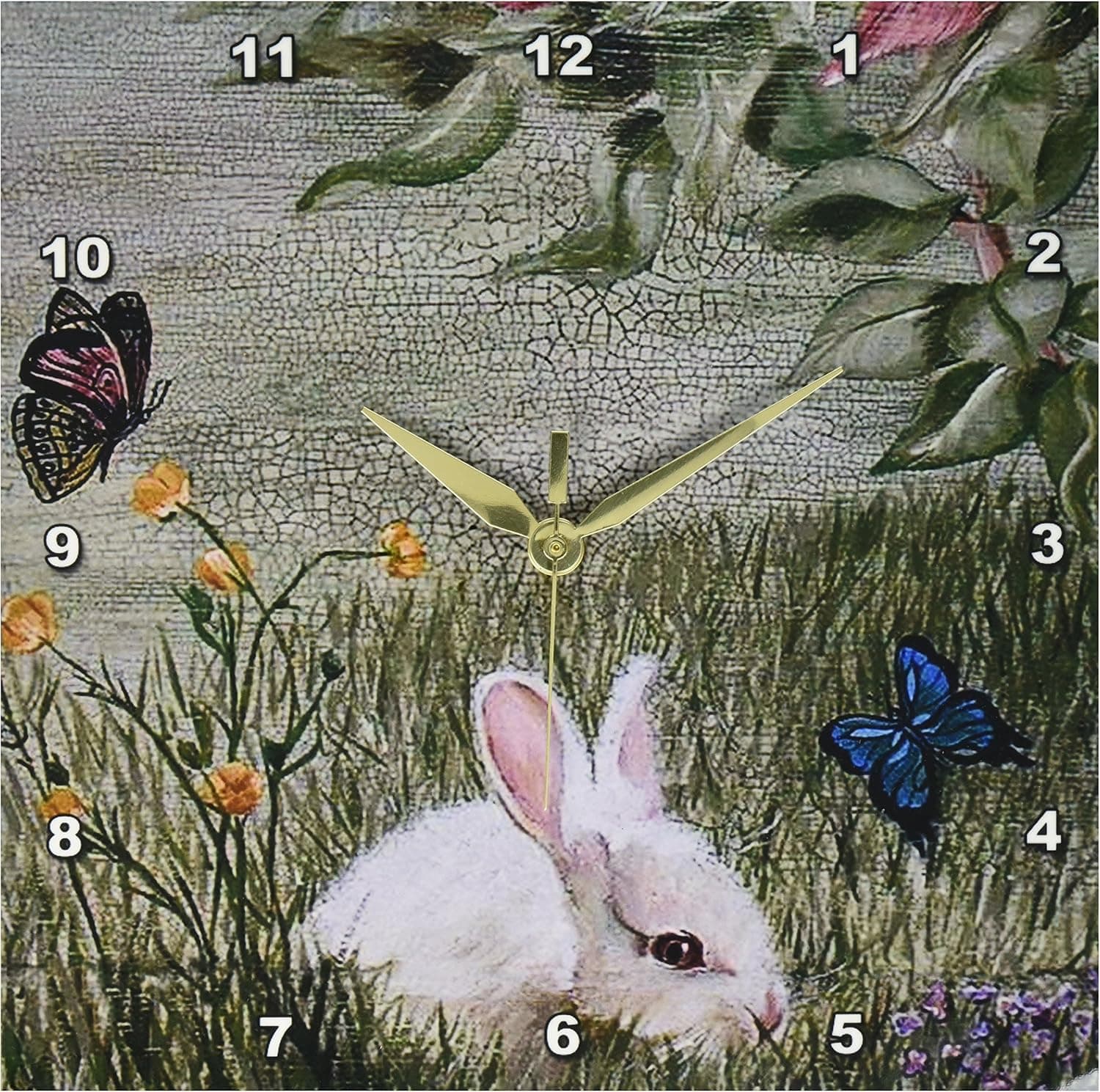 3dRose DPP_44347_1 Bunny Rabbit in Grass with Butterflies Flying Nearby Wall Clock, 10 by 10-Inch