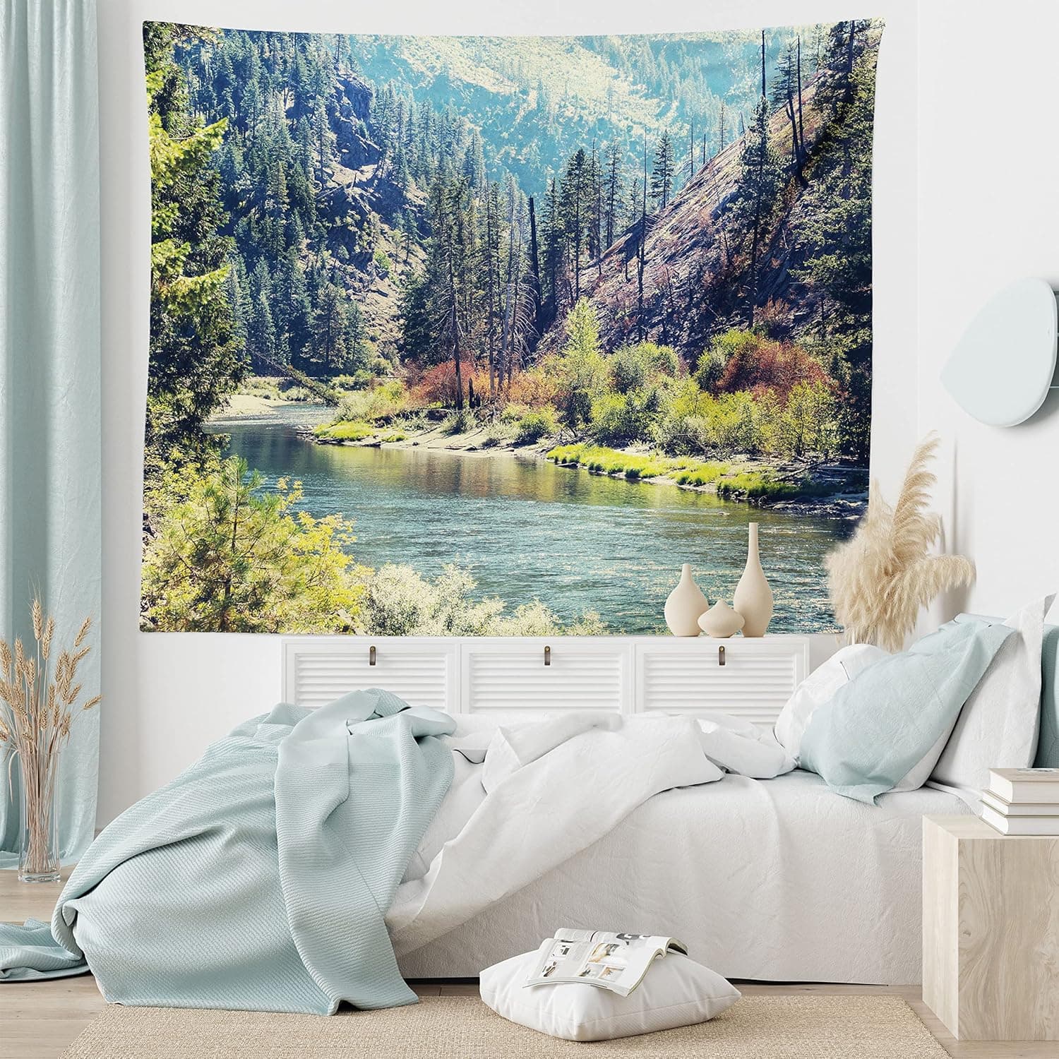 Ambesonne Landscape Tapestry, Scenic Mountain with Pine Trees and Flowing River Colorful Foliage Daytime Nature, Wall Hanging for Bedroom Living Room Dorm Decor, 60" X 80", Night Blue