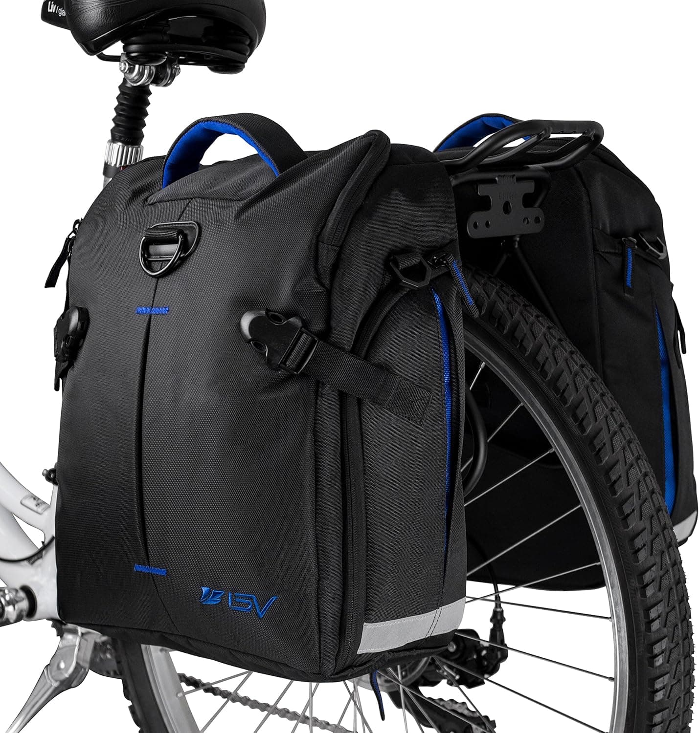 BV Bike Panniers Bags (Pair), Large Capacity, 14 L (each pannier), Black with Detachable Shoulder Straps and All Weather Rain Covers (Blue)
