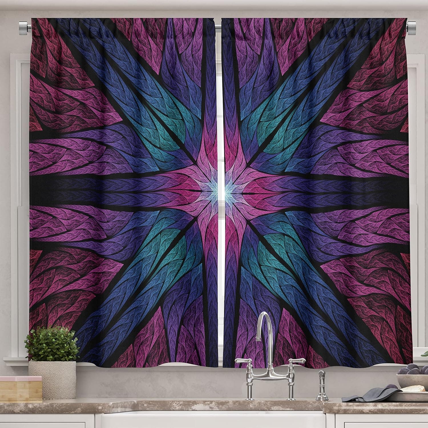 Ambesonne Fractal Kitchen Curtains, Psychedelic Colorful Symmetrical Stained Glass Vibrant Design, Window Drapes 2 Panel Set for Kitchen Cafe Decor, 55" X 39", Indigo Plum