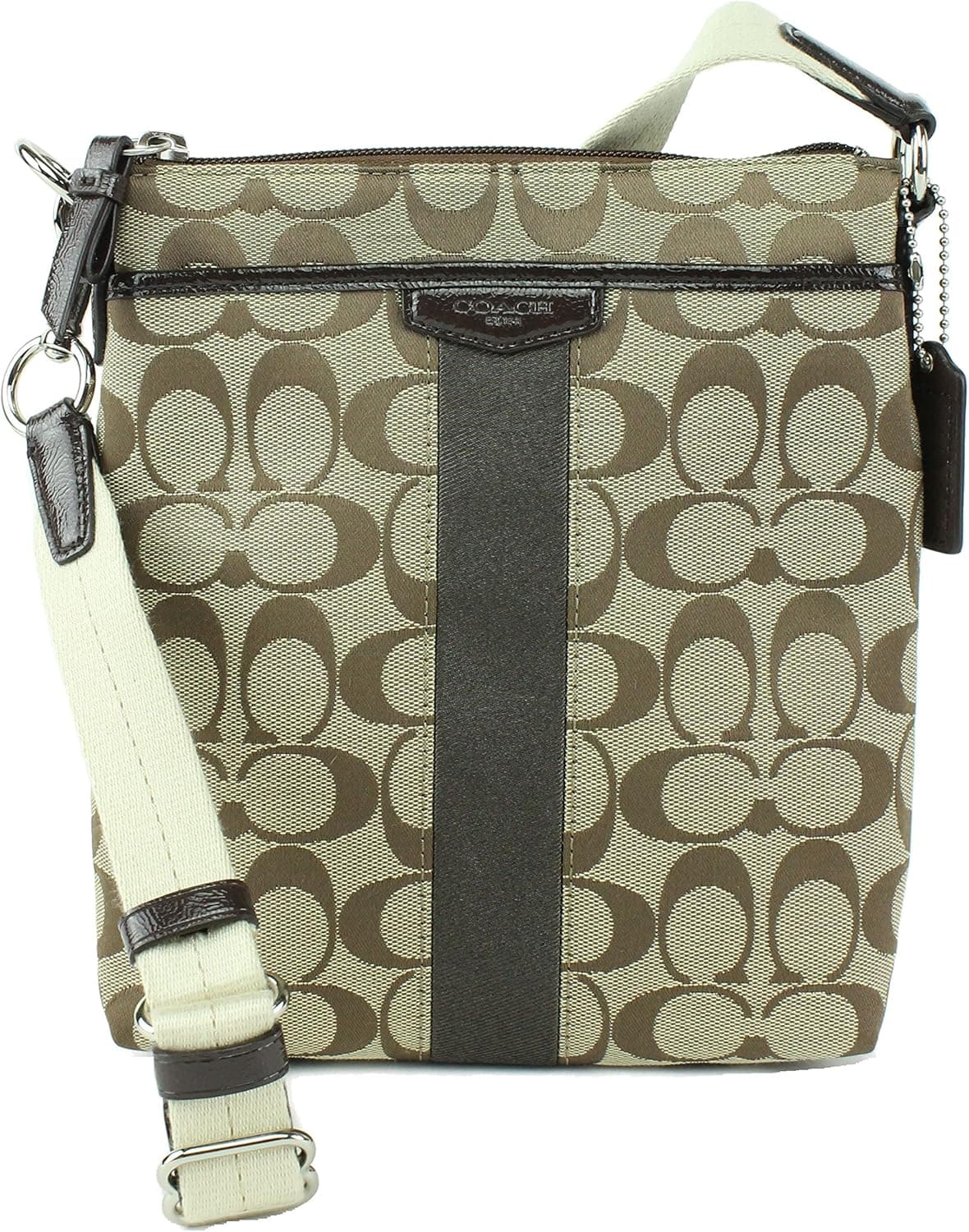 COACH F51157 SIGNATURE STRIPE NORTH/SOUTH SWINGPACK SILVER/KHAKI/MAHOGANY