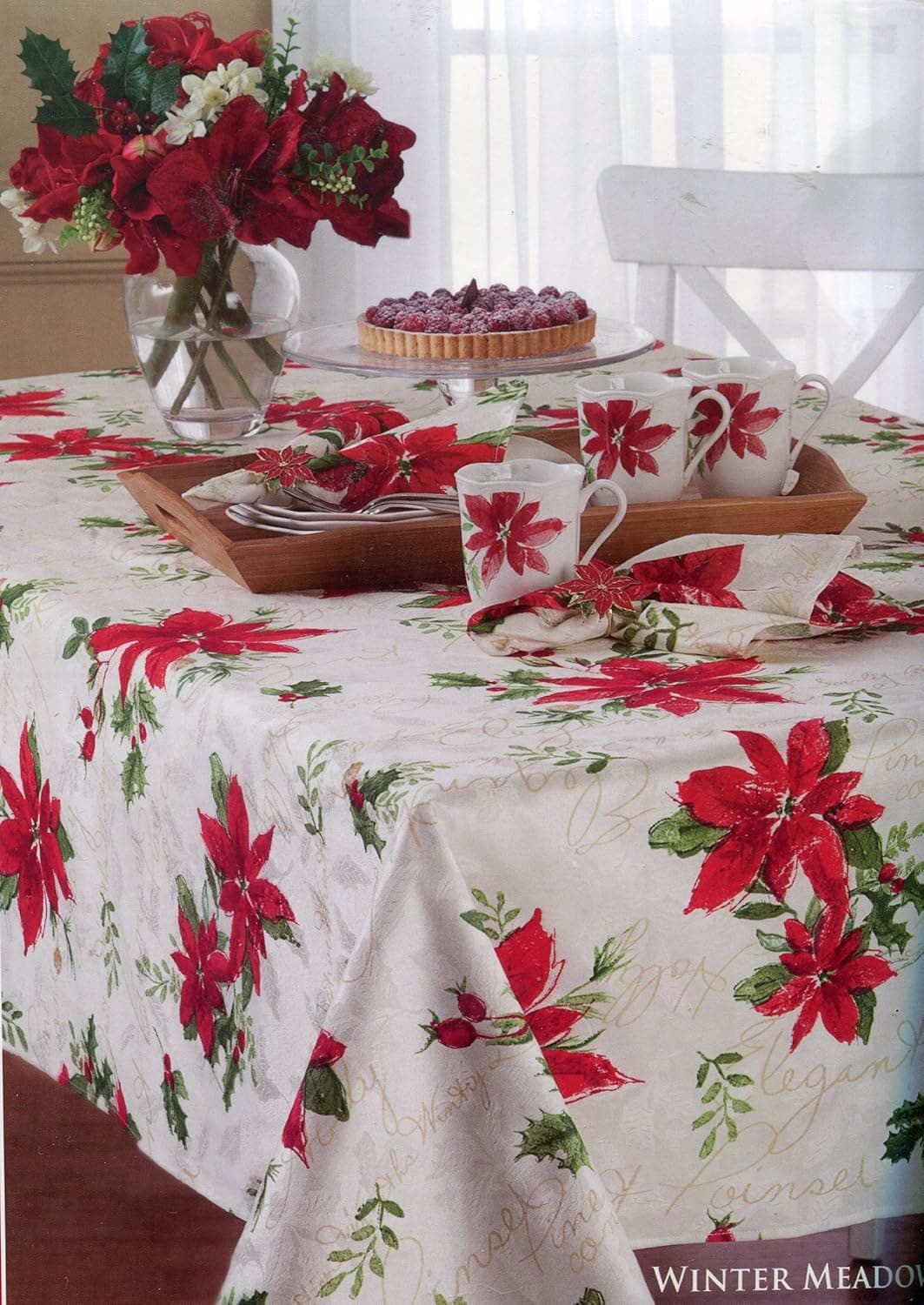 Lenox Winter Meadow Christmas Poinsettia 60 X 84 Rectangular Tablecloth
